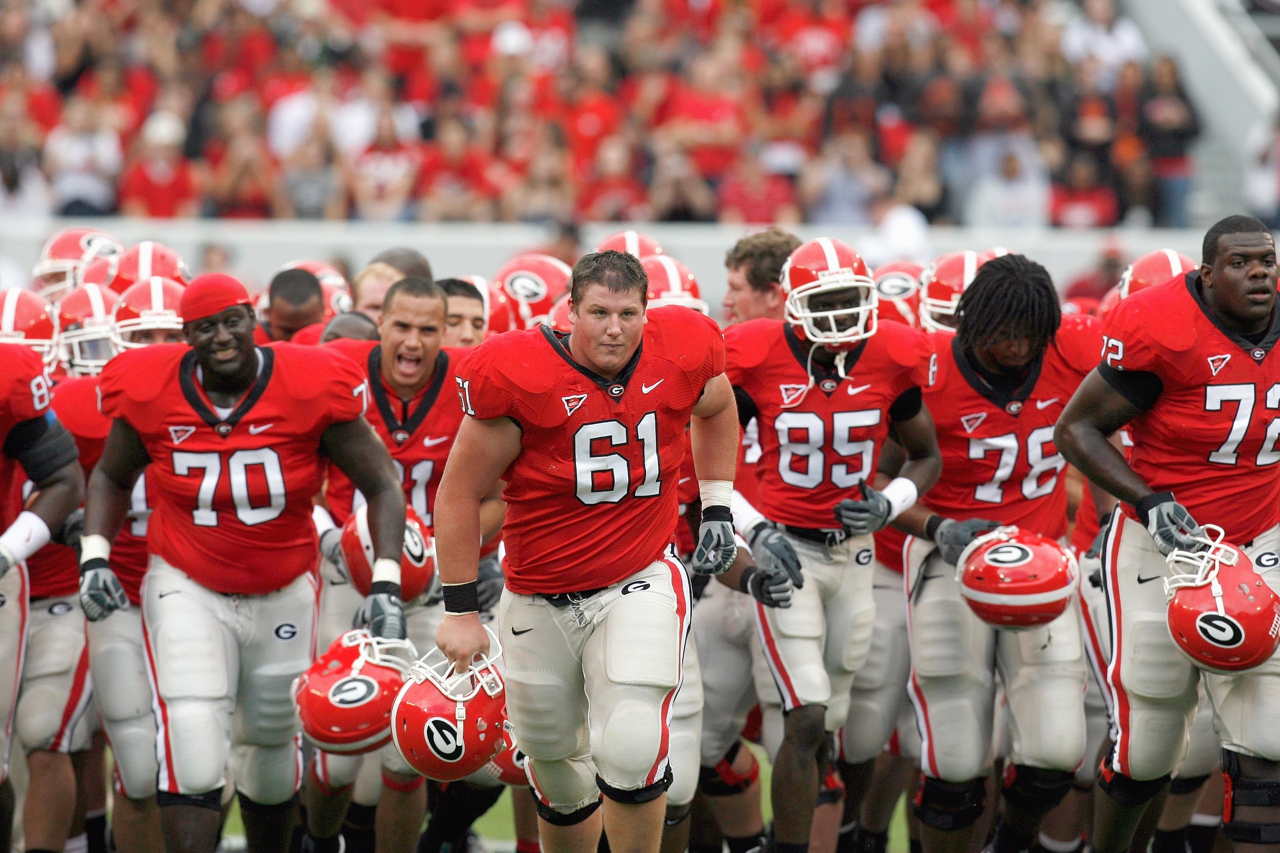 ATHENS, GA - OCTOBER 11: The Georgia Bulldogs jogs onto the field before the game against the Tennessee Volunteers at Sanford Stadium on October 11, 2008 in Athens, Georgia.  (Photo by Kevin C. Cox/Getty Images)