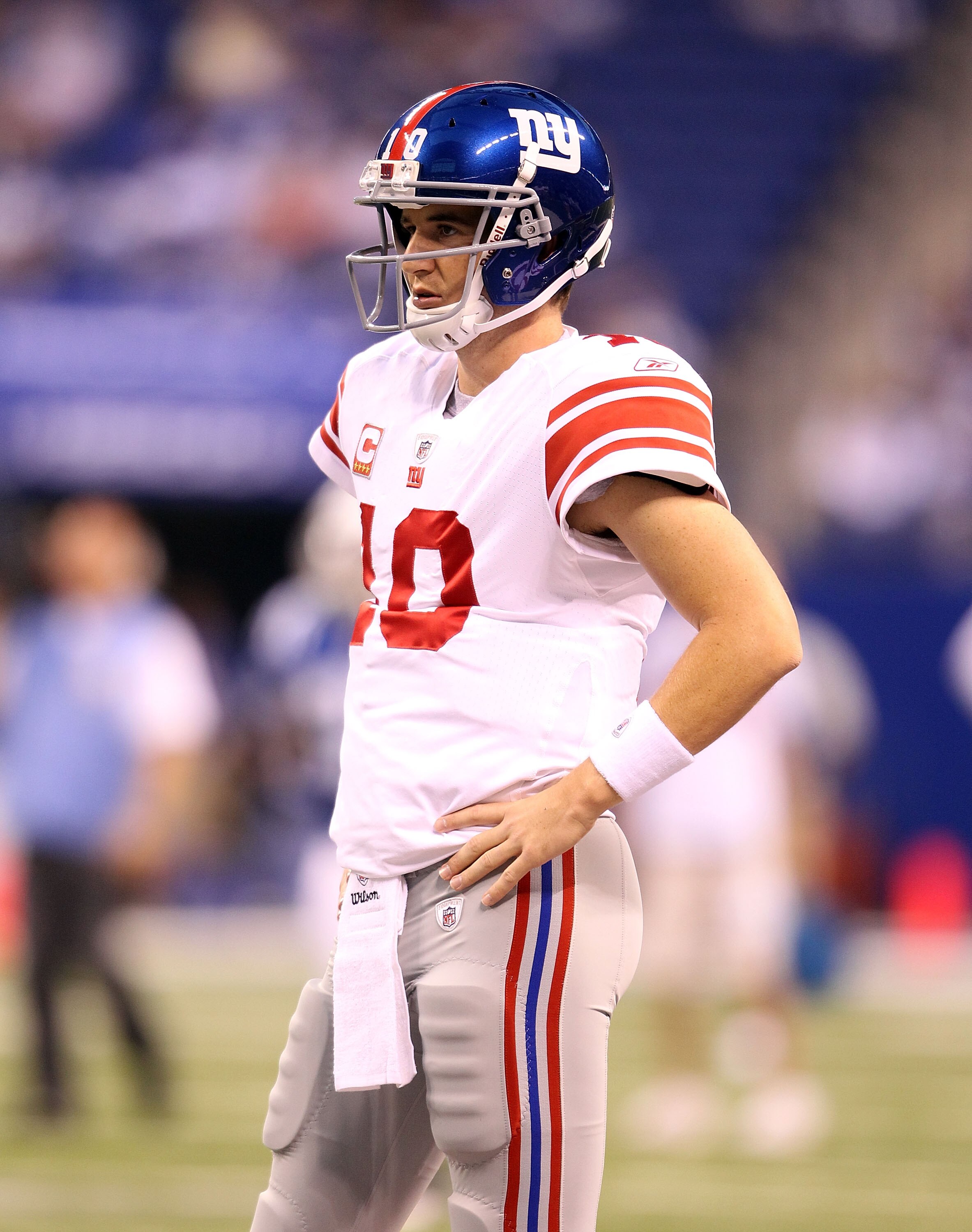 INDIANAPOLIS - SEPTEMBER 19:  Eli Manning #10  of the New York Giants waits to throw the ball during  warmups before the NFL game against the Indianapolis Colts at Lucas Oil Stadium on September 19, 2010 in Indianapolis, Indiana.  (Photo by Andy Lyons/Get