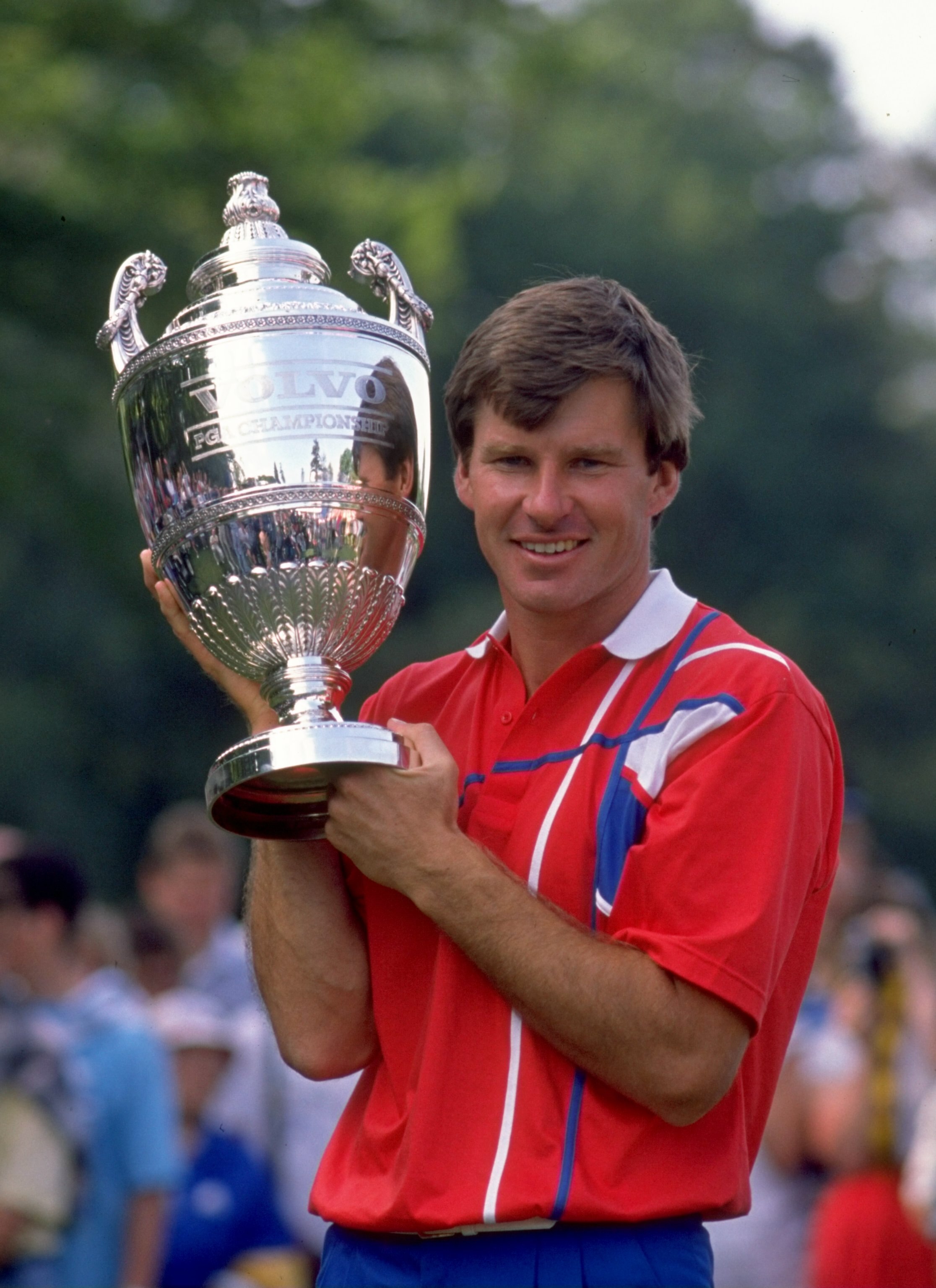 May 1989:  Nick Faldo of England lifts the trophy after winning the Volvo PGA Championships at Wentworth in Surrey, England.  \ Mandatory Credit: David Cannon /Allsport