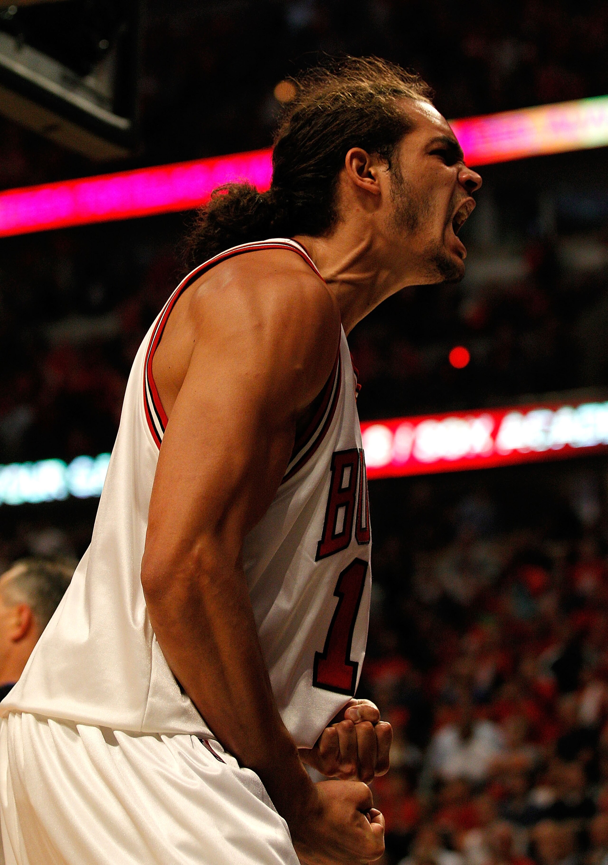 CHICAGO - APRIL 22: Joakim Noah #13 of the Chicago Bulls yells after a close play against the Cleveland Cavaliers in Game Three of the Eastern Conference Quarterfinals during the 2010 NBA Playoffs at the United Center on April 22, 2010 in Chicago, Illinoi
