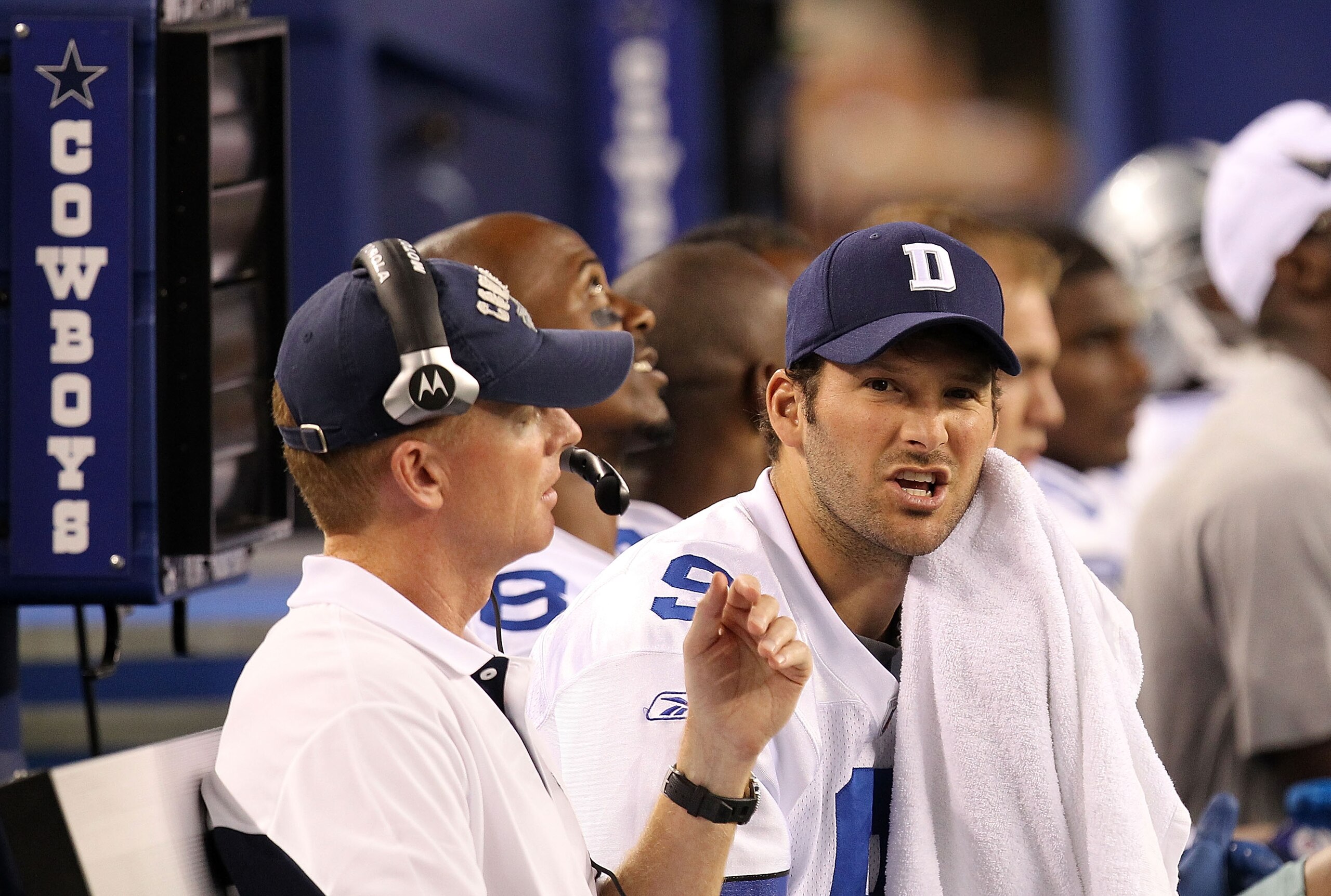 ARLINGTON, TX - SEPTEMBER 02:  Quarterback Tony Romo #9 of the Dallas Cowboys on the sidelines during a preseason game against the Miami Dolphins at Cowboys Stadium on September 2, 2010 in Arlington, Texas.  (Photo by Ronald Martinez/Getty Images)