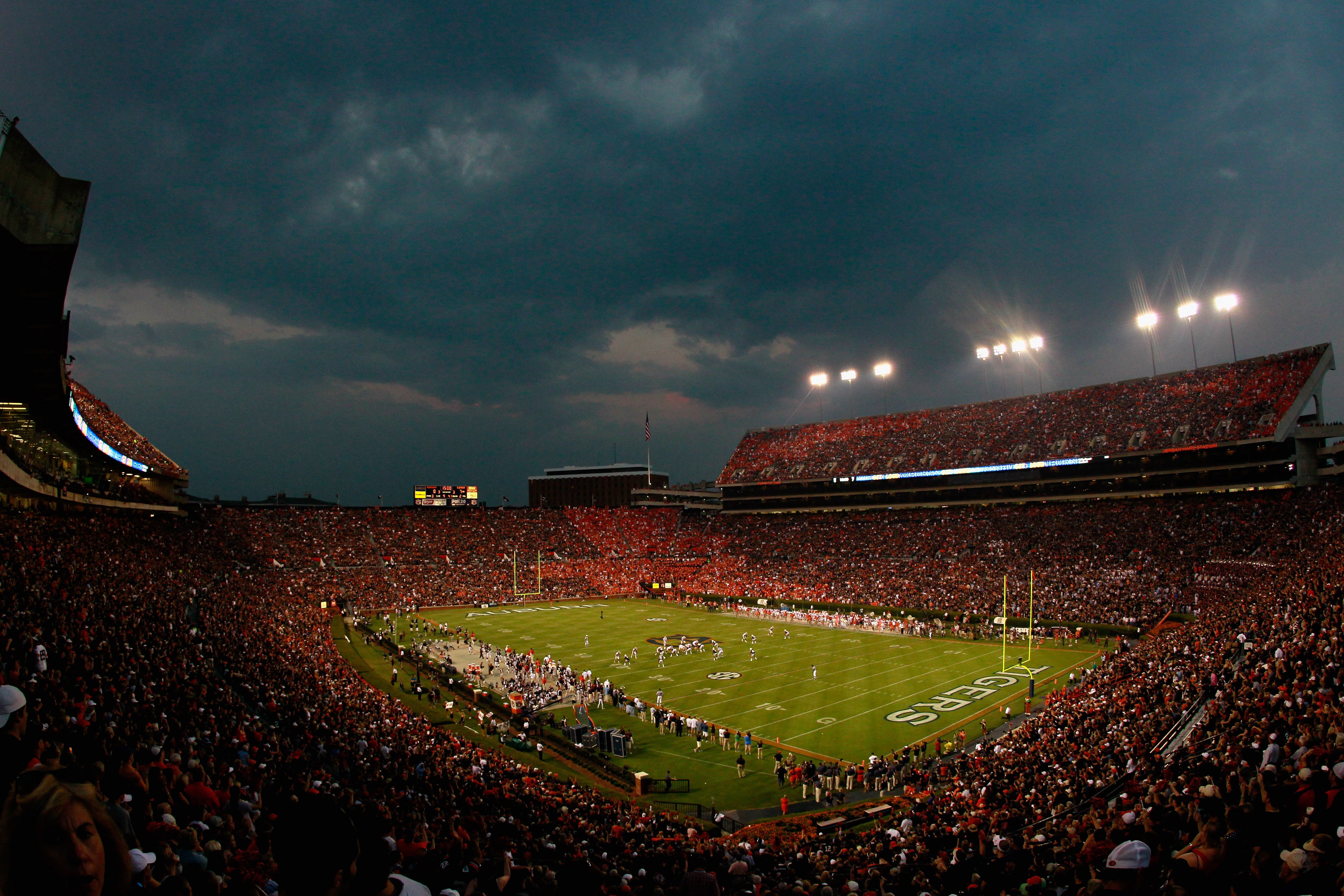 AUBURN, AL - SEPTEMBER 18: A general view of Jordan-Hare Stadium during the game between the Auburn Tigers and the Clemson Tigers at Jordan-Hare Stadium on September 18, 2010 in Auburn, Alabama. (Photo by Kevin C. Cox/Getty Images) AUBURN, AL - SEPTEMBER 18: A general view of Jordan-Hare Stadium during the game between the Auburn Tigers and the Clemson Tigers at Jordan-Hare Stadium on September 18, 2010 in Auburn, Alabama. (Photo by Kevin C. Cox/Getty Images)