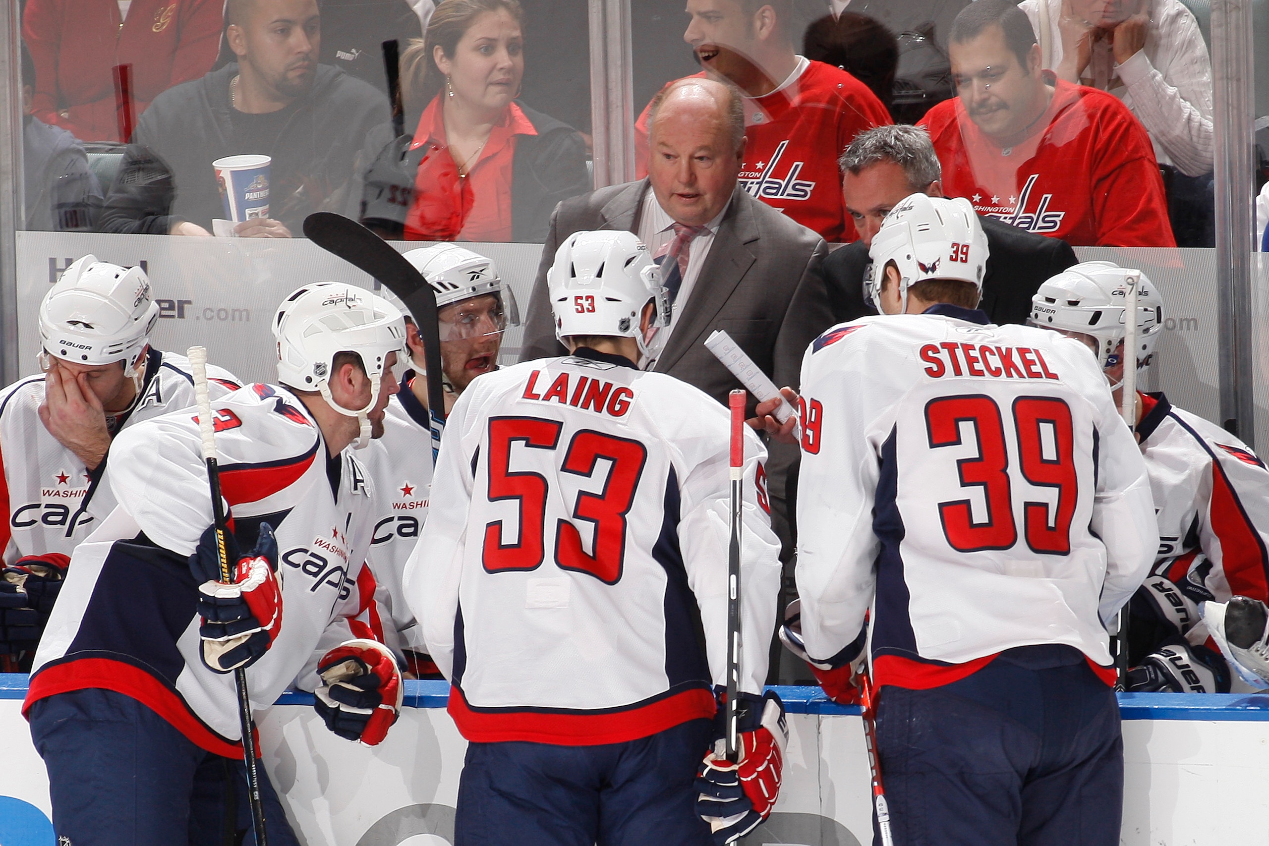 SUNRISE, FL - JANUARY 13: Head coach Bruce Boudreau talks to members of the Washington Capitals during the overtime period against the Florida Panthers on January 13, 2010 at the BankAtlantic Center in Sunrise, Florida. (Photo by Joel Auerbach/Getty Image