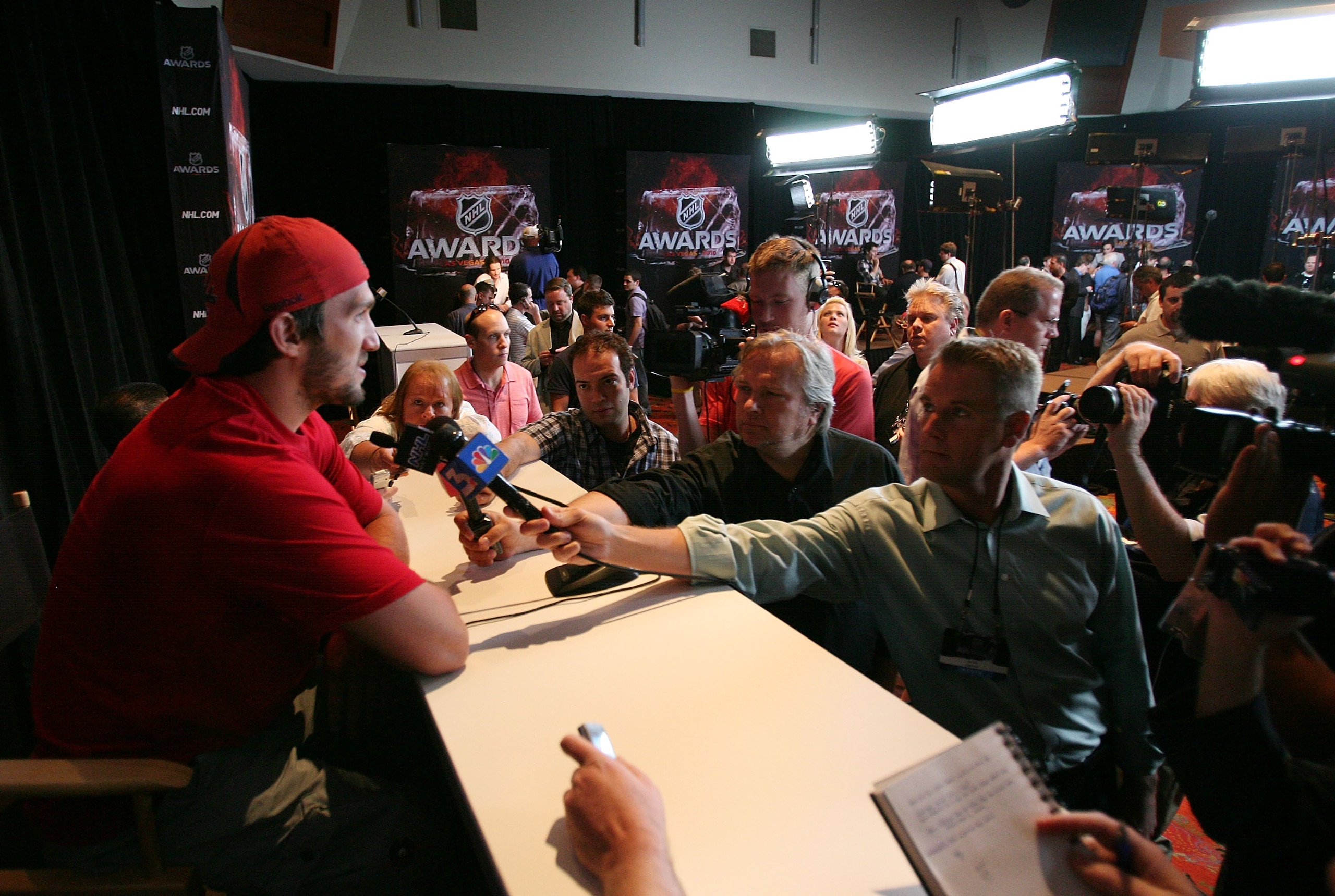 LAS VEGAS - JUNE 22:  NHL MVP candidate Alex Ovechkin of the Washington Capitals is interviewed by the media at the Palms Casino Resort on June 22, 2010 in Las Vegas, Nevada.  (Photo by Bruce Bennett/Getty Images)