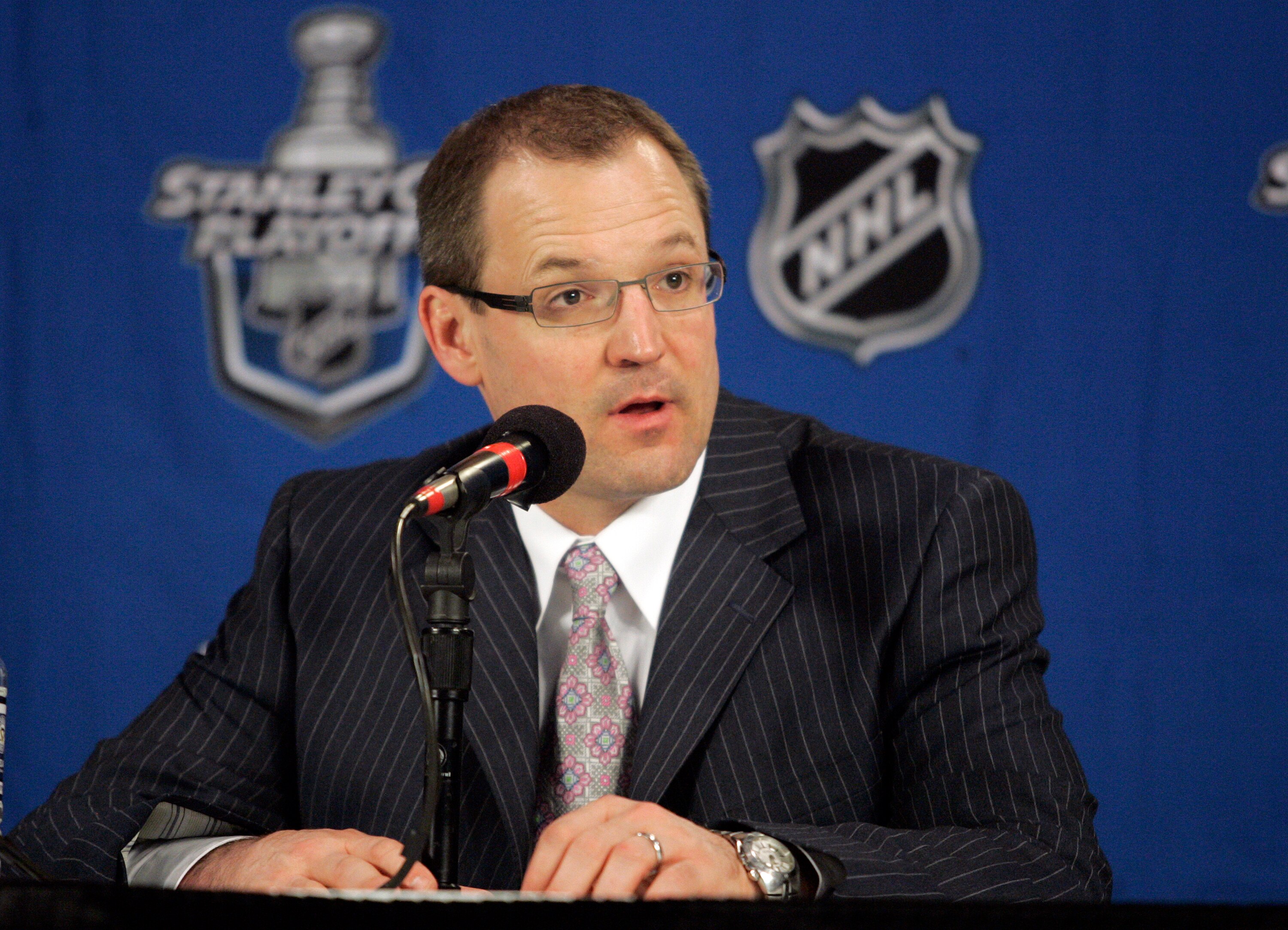 PITTSBURGH - APRIL 22: Pittsburgh Penguins head coach Dan Bylsma addresses the media after Game Five of the Eastern Conference Quarterfinals during the 2010 NHL Stanley Cup Playoffs at Mellon Arena on April 22, 2010 in Pittsburgh, Pennsylvania. The Sena PITTSBURGH - APRIL 22: Pittsburgh Penguins head coach Dan Bylsma addresses the media after Game Five of the Eastern Conference Quarterfinals during the 2010 NHL Stanley Cup Playoffs at Mellon Arena on April 22, 2010 in Pittsburgh, Pennsylvania. The Sena