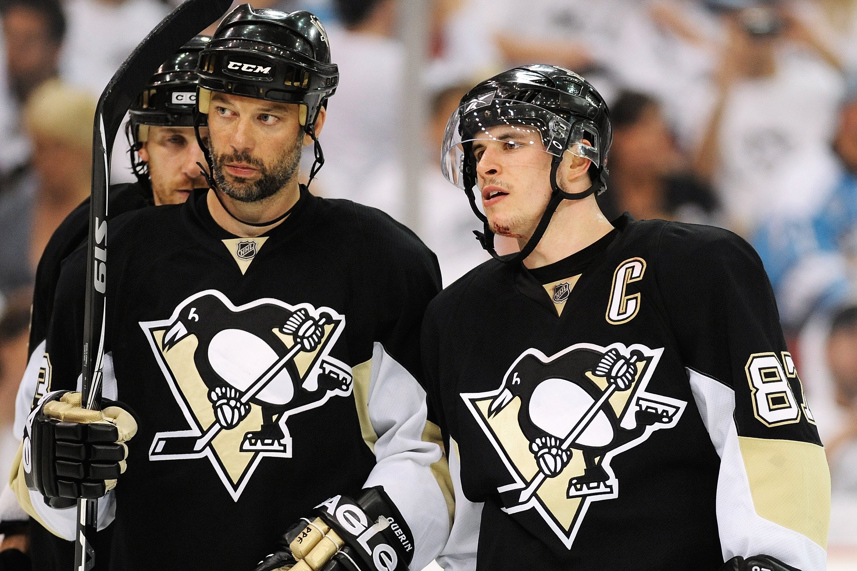 PITTSBURGH - APRIL 30: Bill Guerin #13 and Sidney Crosby #87 of the Pittsburgh Penguins confer before a face off against the Montreal Canadiens in Game One of the Eastern Conference Semifinals during the 2010 NHL Stanley Cup Playoffs on April 30, 2010 a PITTSBURGH - APRIL 30: Bill Guerin #13 and Sidney Crosby #87 of the Pittsburgh Penguins confer before a face off against the Montreal Canadiens in Game One of the Eastern Conference Semifinals during the 2010 NHL Stanley Cup Playoffs on April 30, 2010 a