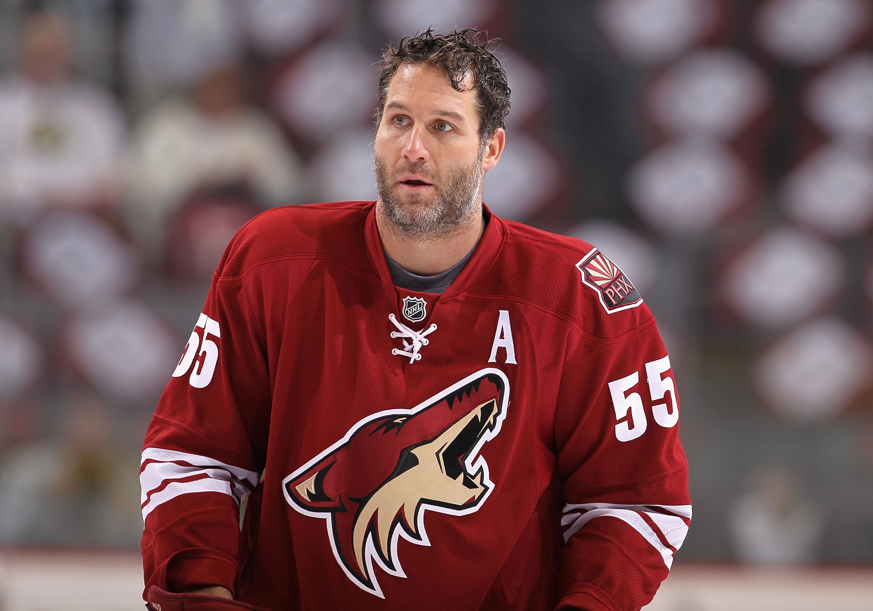 GLENDALE, AZ - APRIL 27:  Ed Jovanovski #55 of the Phoenix Coyotes warms up before Game Seven of the Western Conference Quarterfinals against the Detroit Red Wings during the 2010 NHL Stanley Cup Playoffs at Jobing.com Arena on April 27, 2010 in Glendale,