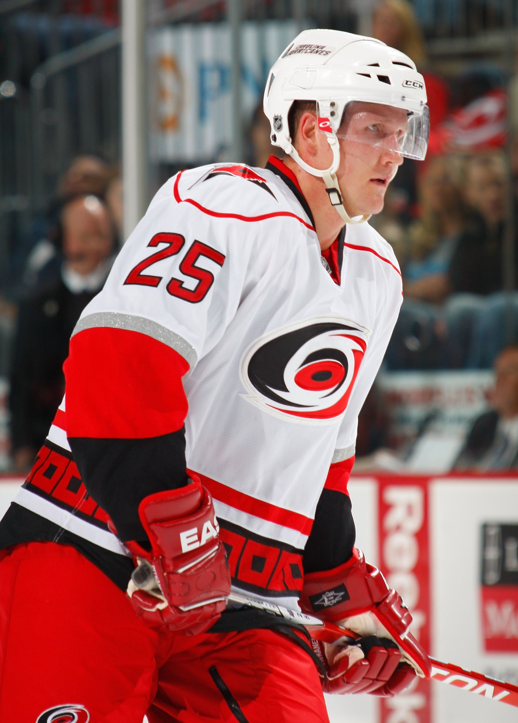 NEWARK, NJ - OCTOBER 17:  Joni Pitkanen #25 of the Carolina Hurricanes skates during a hockey game against the New Jersey Devils at the Prudential Center on October 17, 2009 in Newark, New Jersey.  (Photo by Paul Bereswill/Getty Images)
