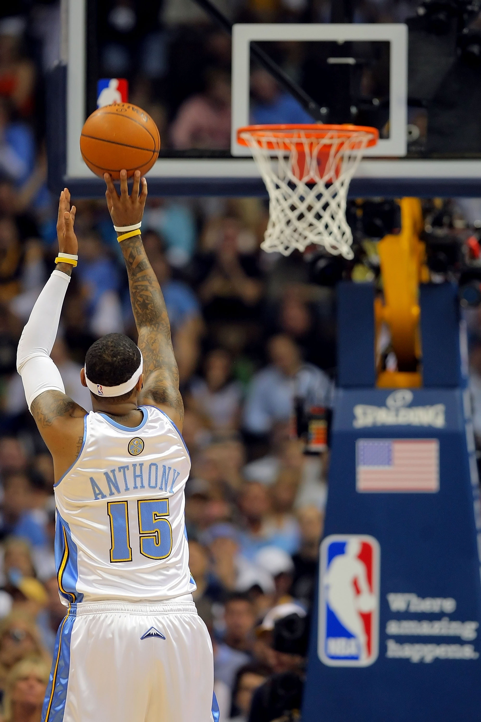 DENVER - MAY 23:  Carmelo Anthony #15 of the Denver Nuggets shoots a free throw in the first quarter against the Los Angeles Lakers in Game Three of the Western Conference Finals during the 2009 NBA Playoffs at Staples Center on May 23, 2009 in Denver, Co