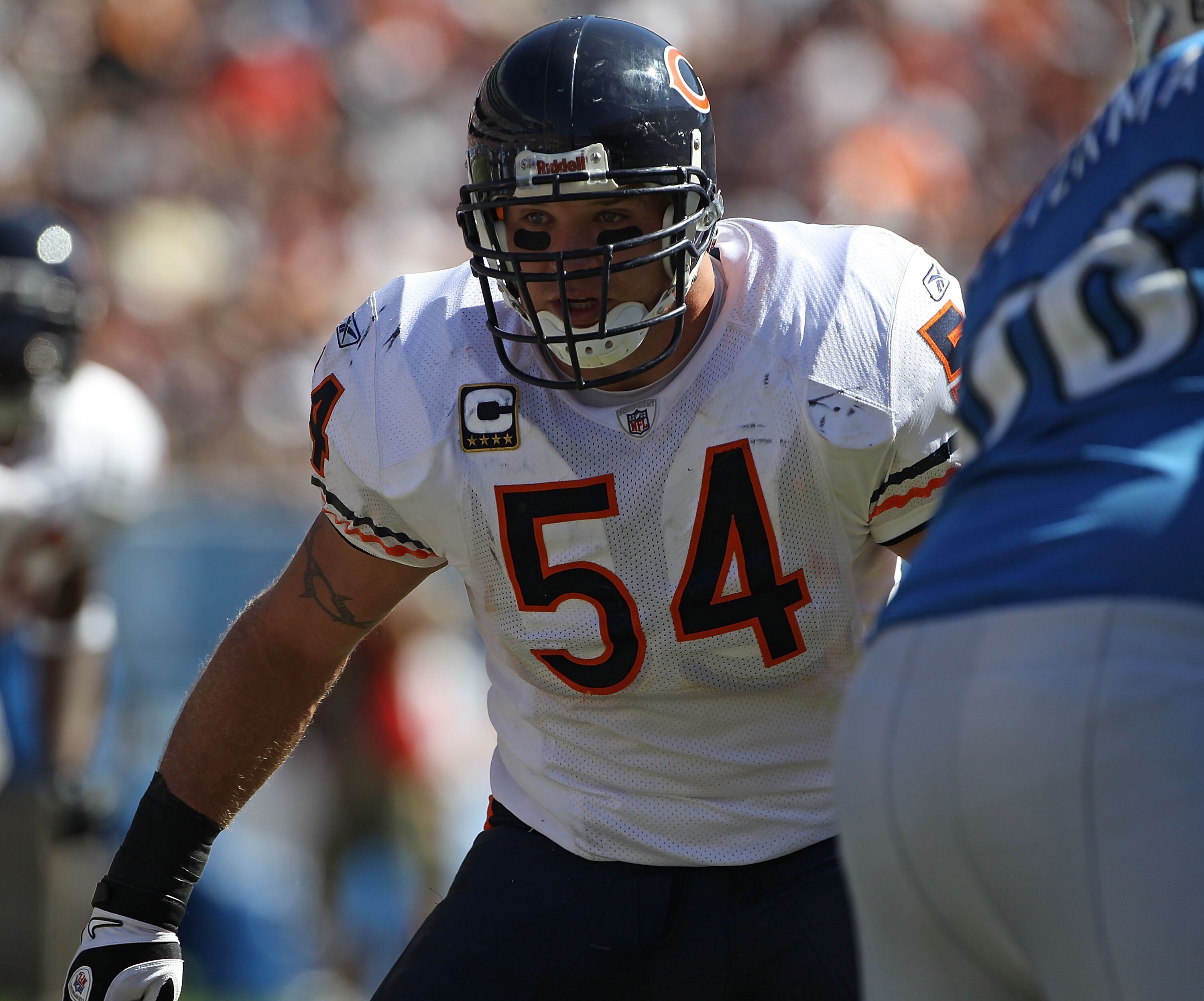 CHICAGO - SEPTEMBER 12: Brian Urlacher #54 of the Chicago Bears follows the play against the Detroit Lions during the NFL season opening game at Soldier Field on September 12, 2010 in Chicago, Illinois. The Bears defeated the Lions 19-14. (Photo by Jonath