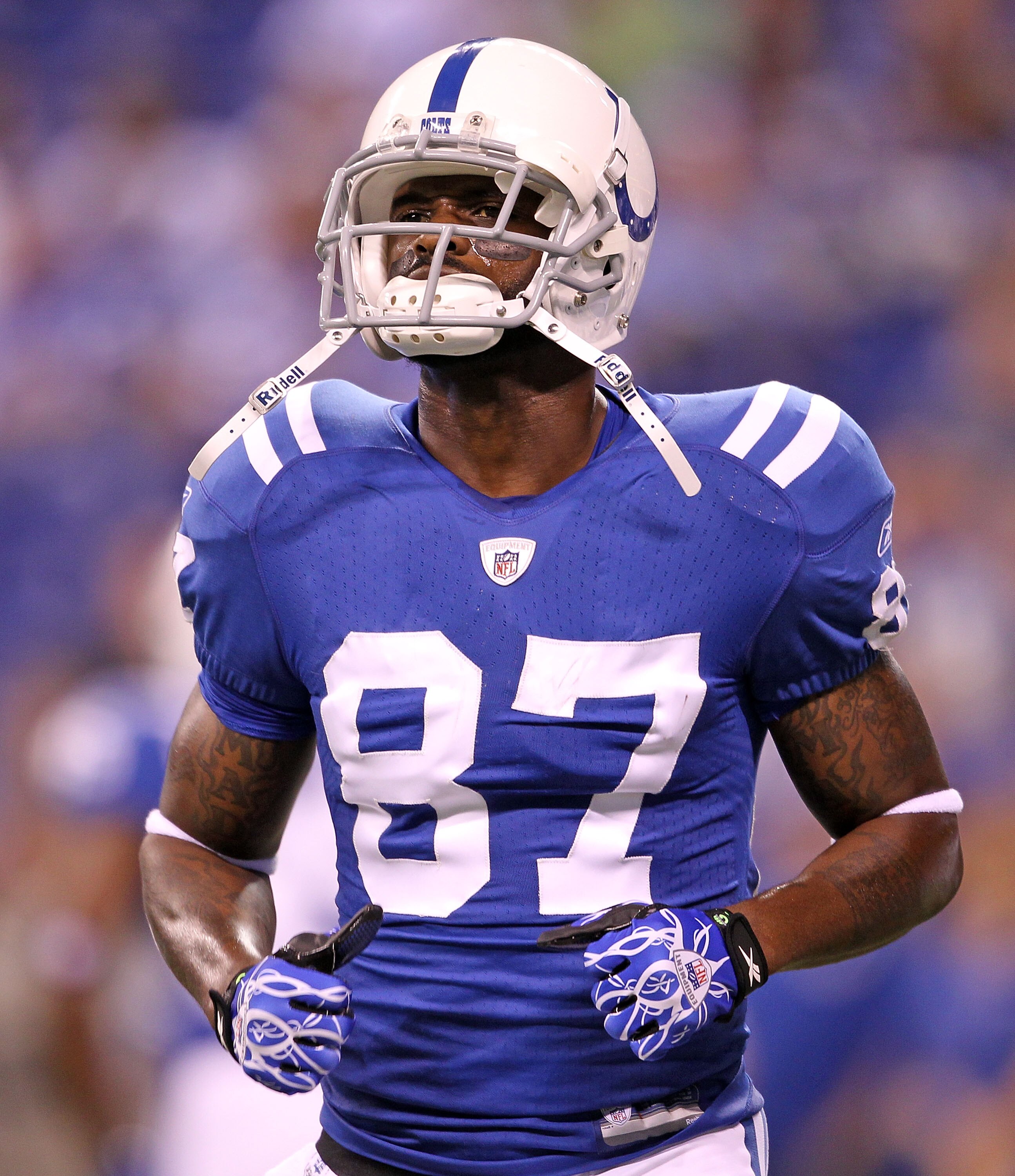 INDIANAPOLIS - SEPTEMBER 19:  Reggie Wayne #87 of the Indianapolis Colts is pictured during  warmups before the NFL game against the New York Giants  at Lucas Oil Stadium on September 19, 2010 in Indianapolis, Indiana.  (Photo by Andy Lyons/Getty Images)