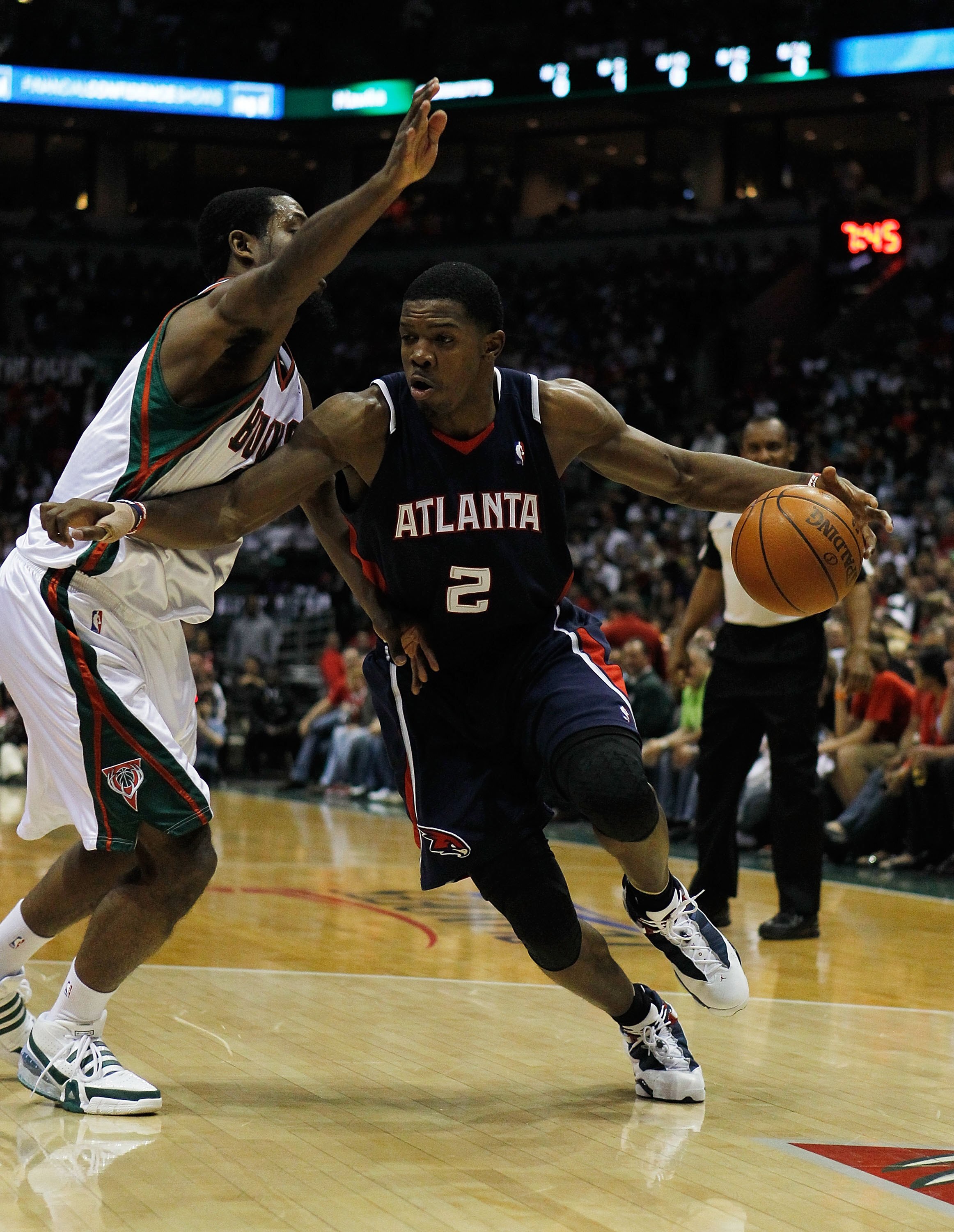 MILWAUKEE - APRIL 26: Joe Johnson #2 of the Atlanta Hawks drives past John Salmons #15 of the Milwaukee Bucks in Game Four of the Eastern Conference Quarterfinals during the 2010 NBA Playoffs at the Bradley Center on April 26, 2010 in Milwaukee, Wisconsin