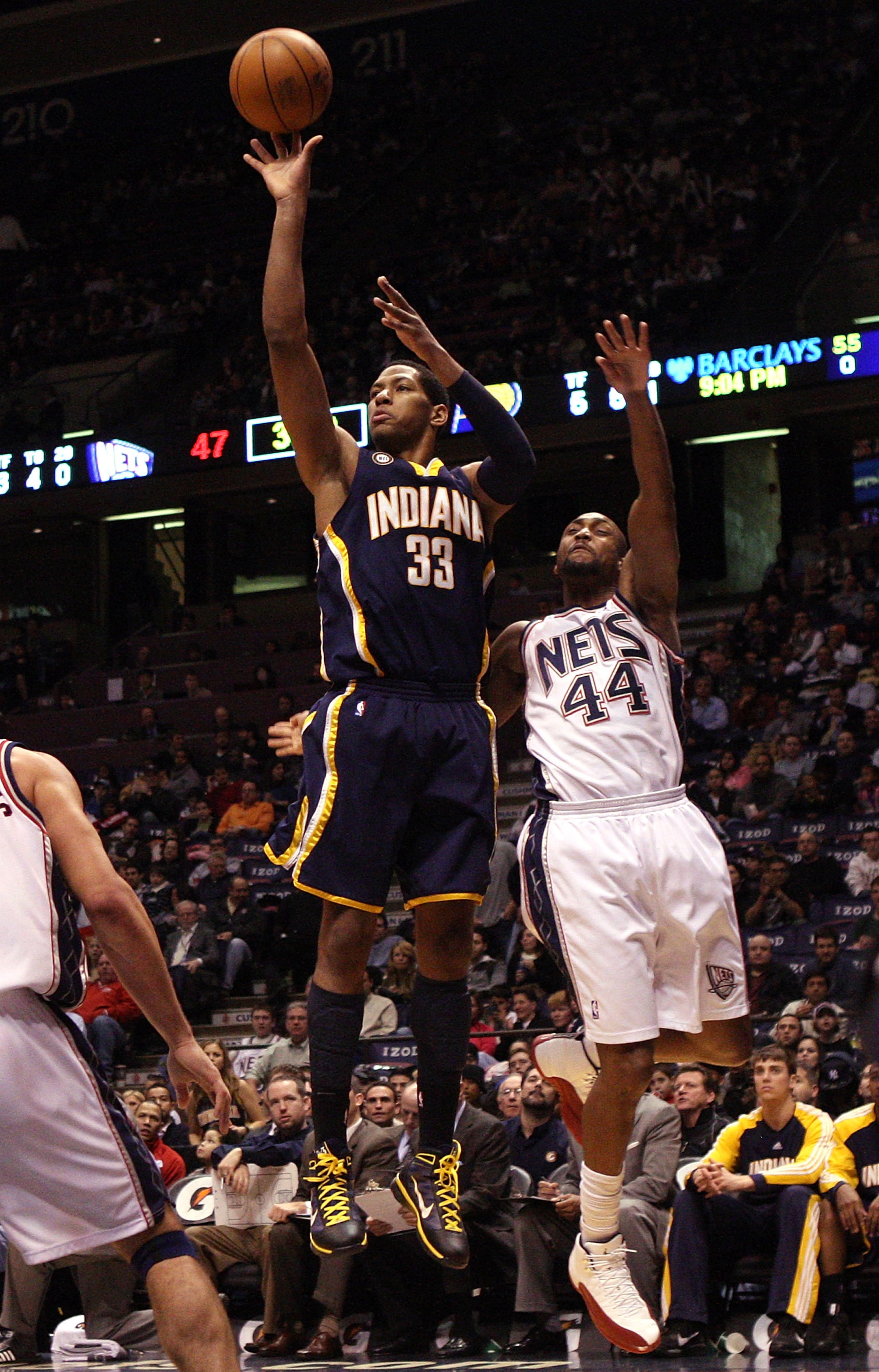 EAST RUTHERFORD, NJ - JANUARY 15: Danny Granger #33 of the Indiana Pacers shoots against Trenton Hassell #44 of the New Jersey Nets at the Izod Center on January 15, 2010 in East Rutherford, New Jersey. NOTE TO USER: User expressly acknowledges and agree EAST RUTHERFORD, NJ - JANUARY 15: Danny Granger #33 of the Indiana Pacers shoots against Trenton Hassell #44 of the New Jersey Nets at the Izod Center on January 15, 2010 in East Rutherford, New Jersey. NOTE TO USER: User expressly acknowledges and agree