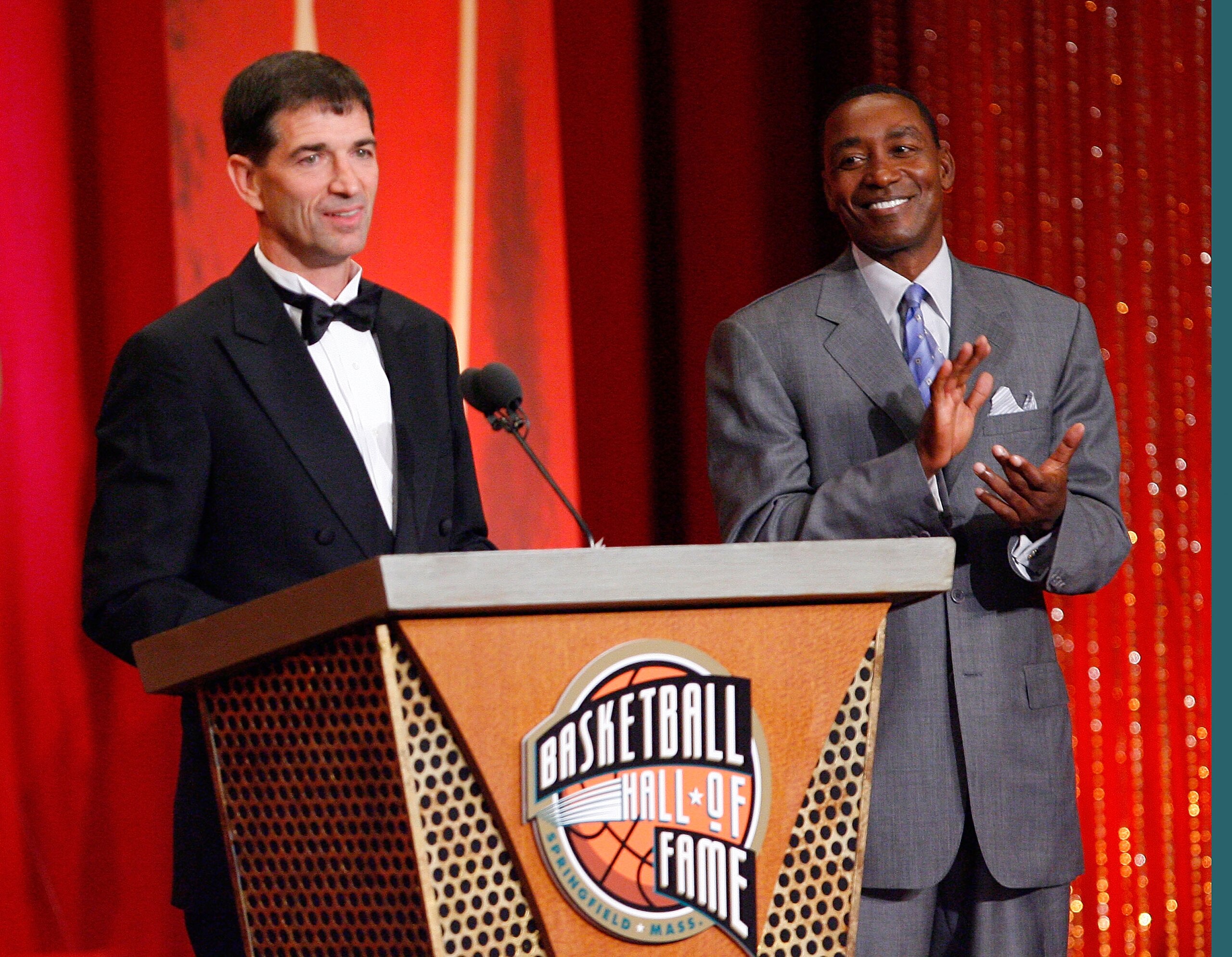 SPRINGFIELD, MA - SEPTEMBER 11: Isiah Thomas presents John Stockton to the Naismith Memorial Basketball Hall of Fame during an induction ceremony on September 11, 2009 in Springfield, Massachusetts. NOTE TO USER: User expressly acknowledges and agrees th SPRINGFIELD, MA - SEPTEMBER 11: Isiah Thomas presents John Stockton to the Naismith Memorial Basketball Hall of Fame during an induction ceremony on September 11, 2009 in Springfield, Massachusetts. NOTE TO USER: User expressly acknowledges and agrees th
