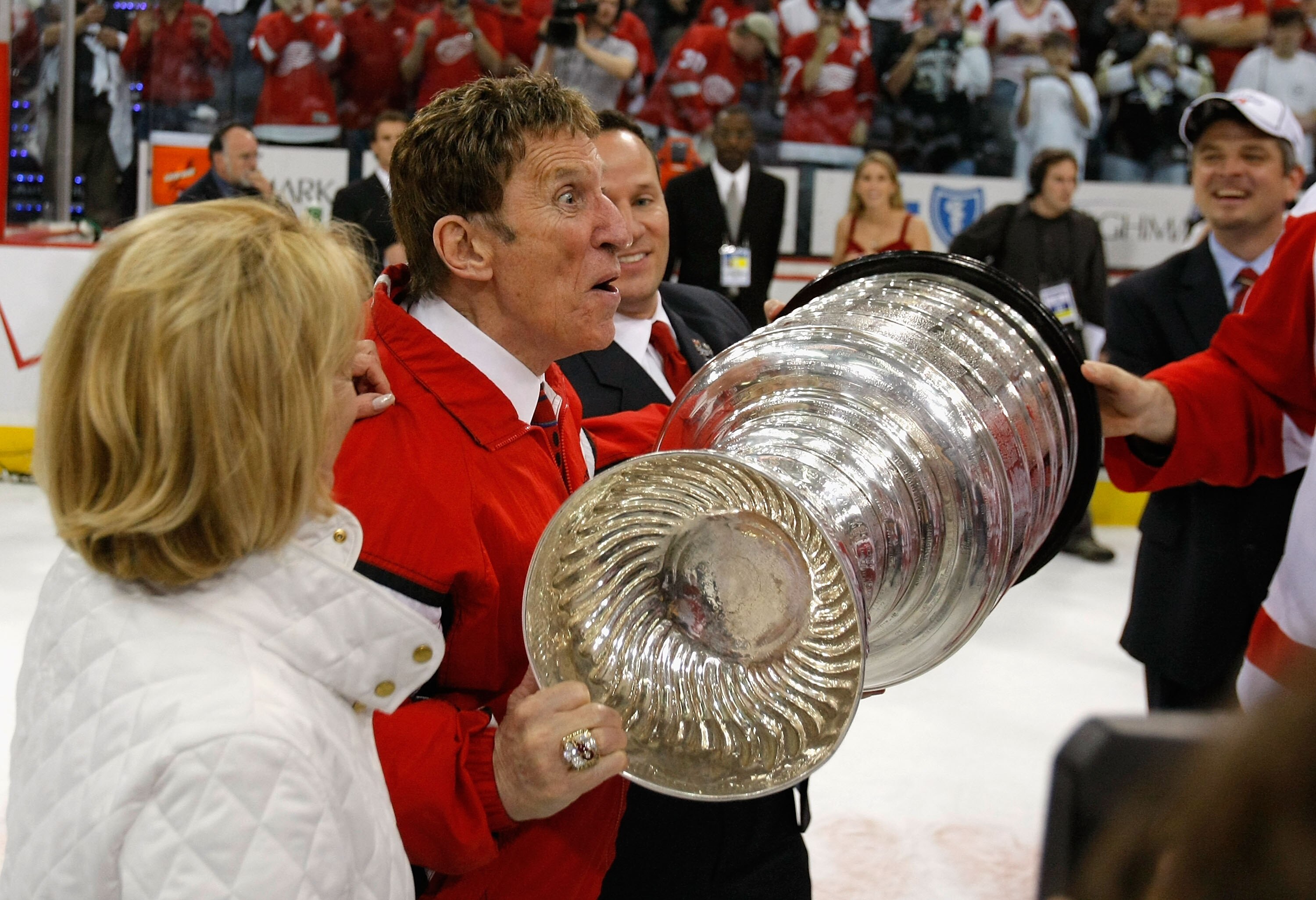 PITTSBURGH - JUNE 04:  Owner Mike Ilitch of the Detroit Red Wings celebrates with the Stanley Cup after defeating the Pittsburgh Penguins in game six of the 2008 NHL Stanley Cup Finals at Mellon Arena on June 4, 2008 in Pittsburgh. Pennsylvania. The Red W