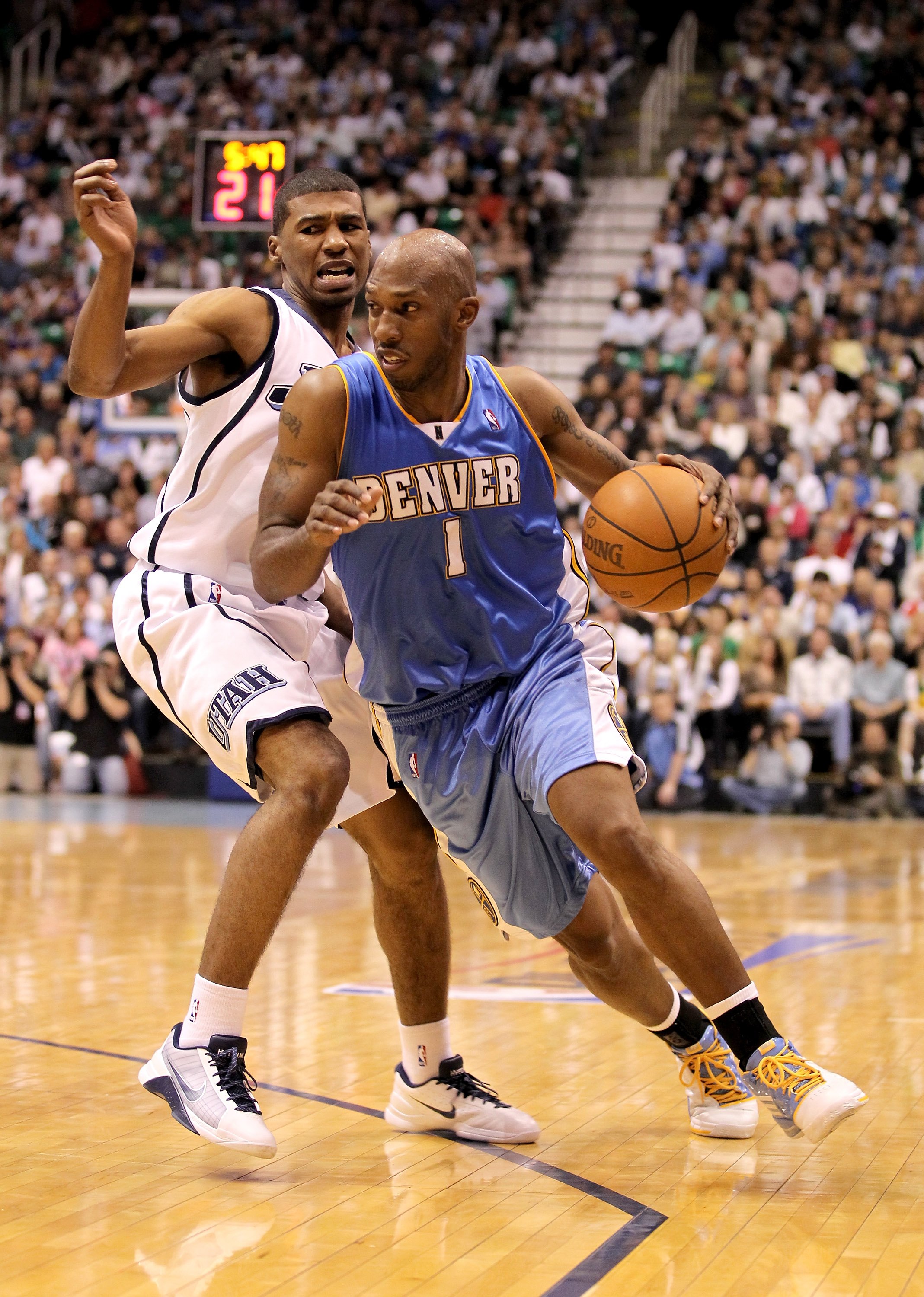 SALT LAKE CITY - APRIL 30:  Chauncey Billups #1 of the Denver Nuggets drives to the basket during their game against the Utah Jazz in Game Six of the Western Conference Quarterfinals of the 2010 NBA Playoffs at EnergySolutions Arena on April 30, 2010 in S