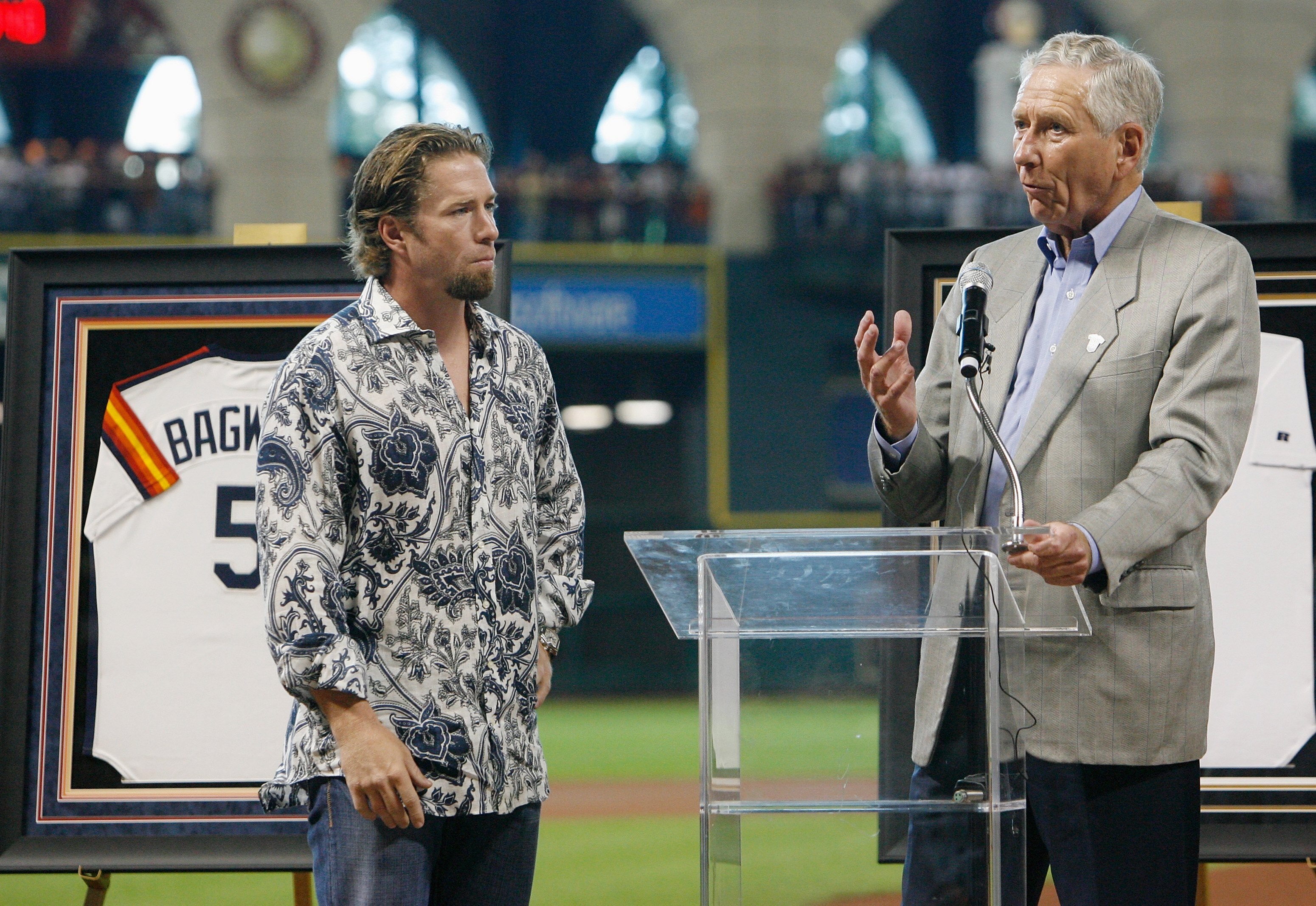 HOUSTON - AUGUST 26:  Former first baseman Jeff Bagwell of the Houston Astros is congratulated by Houston Astros owner Drayton McLane, Jr. during a ceremony to retire his #5 jersey prior to the start of the MLB game against the Pittsburgh Pirates on Augus