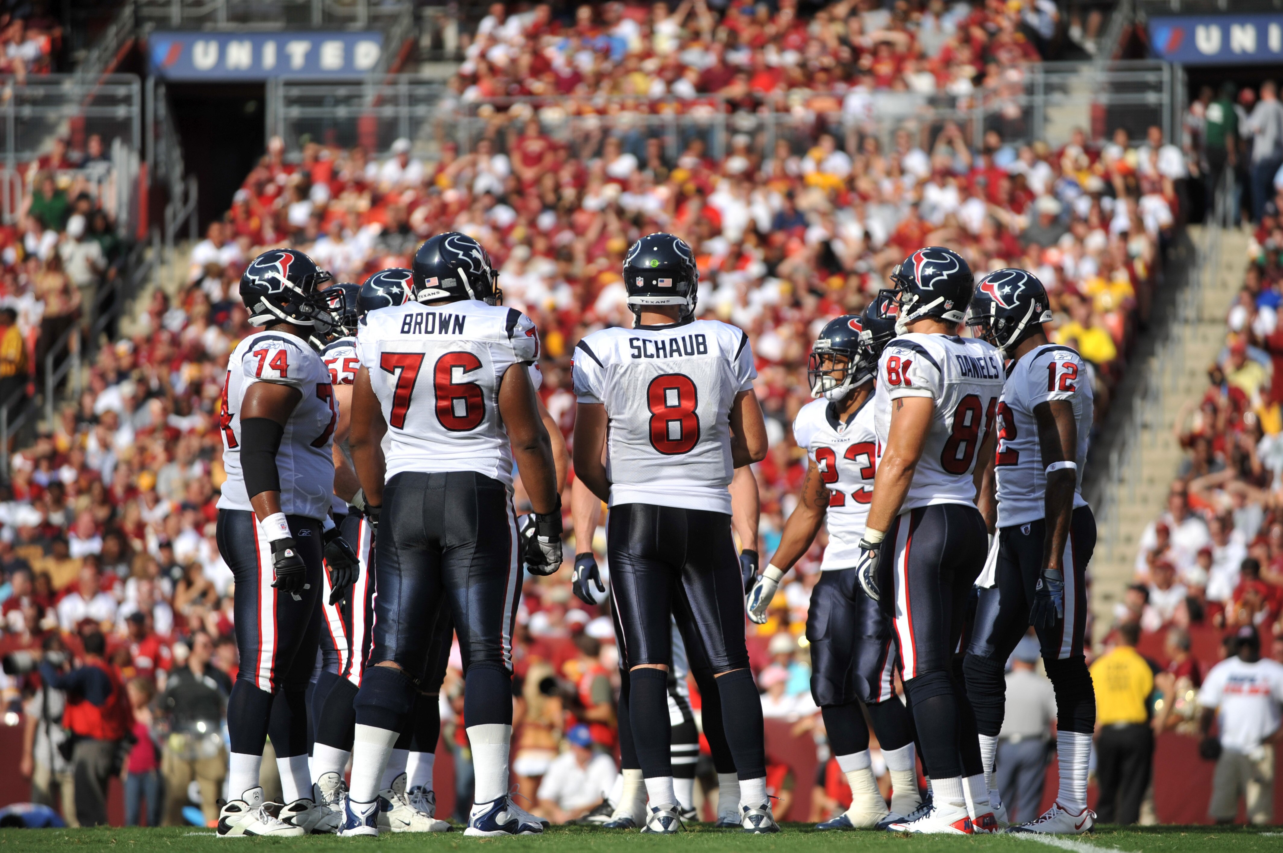 LANDOVER - SEPTEMBER 19:  Matt Schaub #8 of the Houston Texans leads the huddle during the game against the Washington Redskins at FedExField on September 19, 2010 in Landover, Maryland. The Texans defeated the Redskins in overtime 30-27. (Photo by Larry