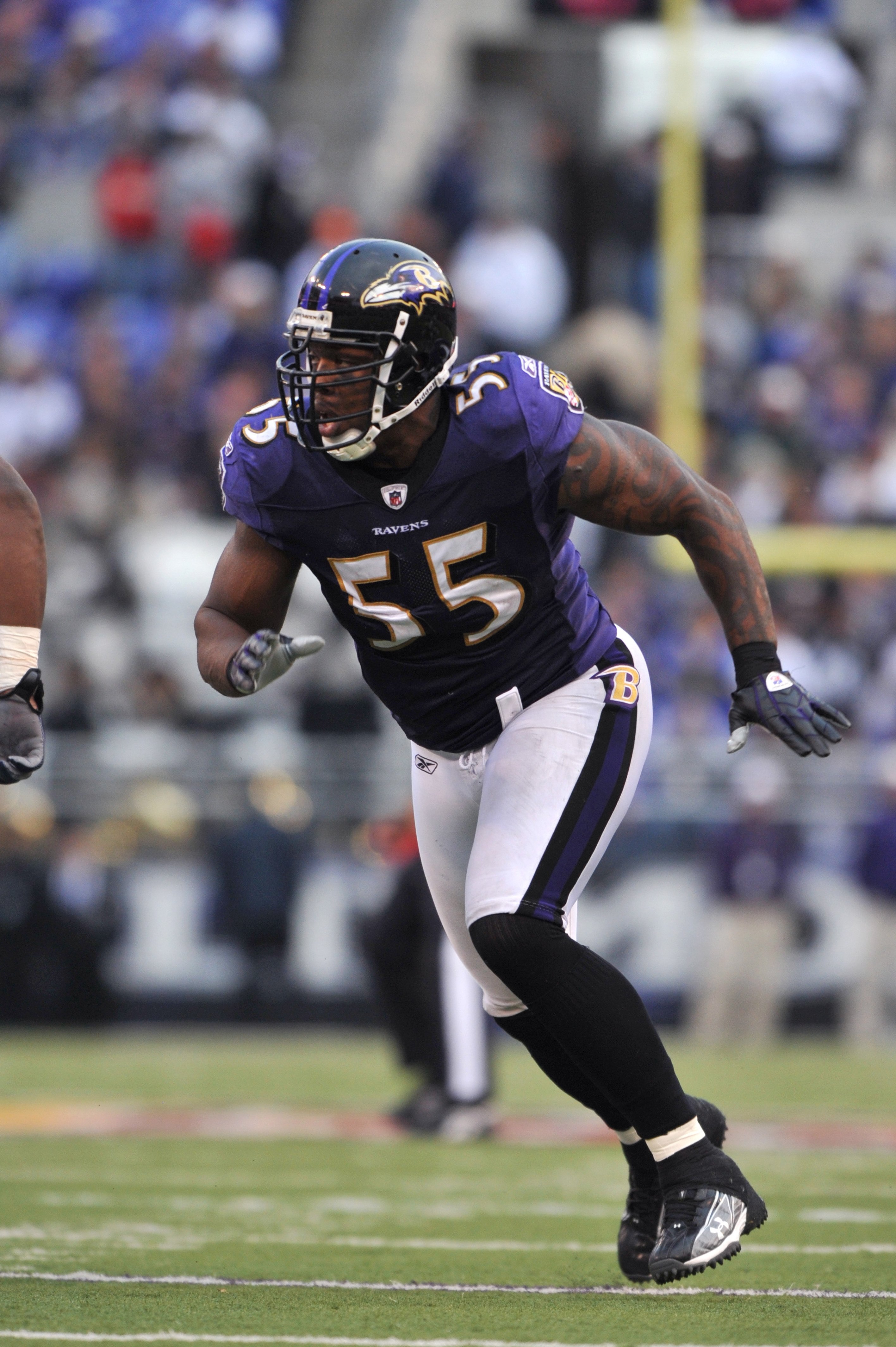 BALTIMORE - NOVEMBER 1:  Terrell Suggs #55 of the Baltimore Ravens defends against the Denver Broncos at M&T Bank Stadium on November 1, 2009 in Baltimore, Maryland. The Ravens defeated the Broncos 30-7. (Photo by Larry French/Getty Images)