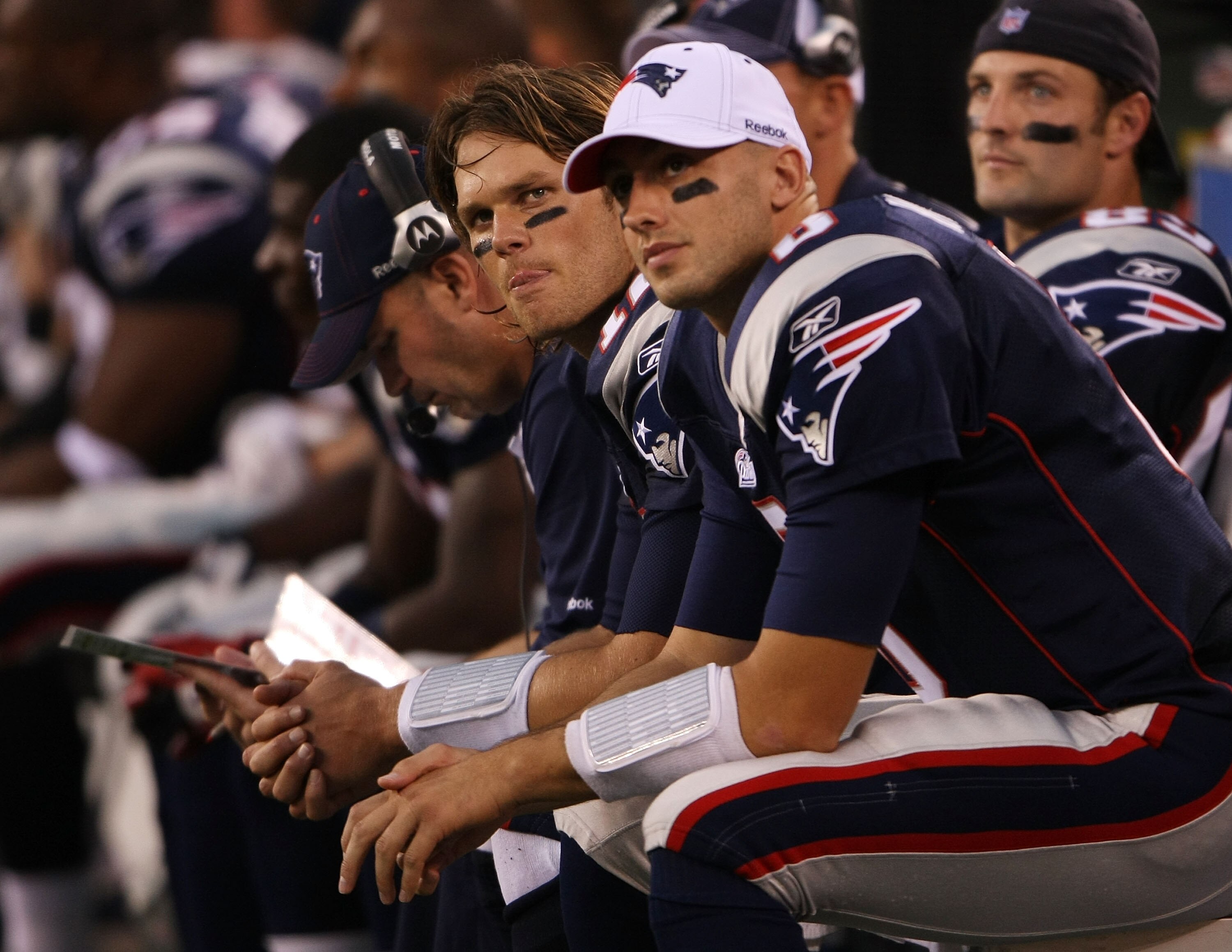 EAST RUTHERFORD, NJ - SEPTEMBER 19:  Tom Brady #12  of the New England Patriots sits on the bench against the New York Jetsduring their  game on September 19, 2010 at the New Meadowlands Stadium  in East Rutherford, New Jersey.  (Photo by Al Bello/Getty I