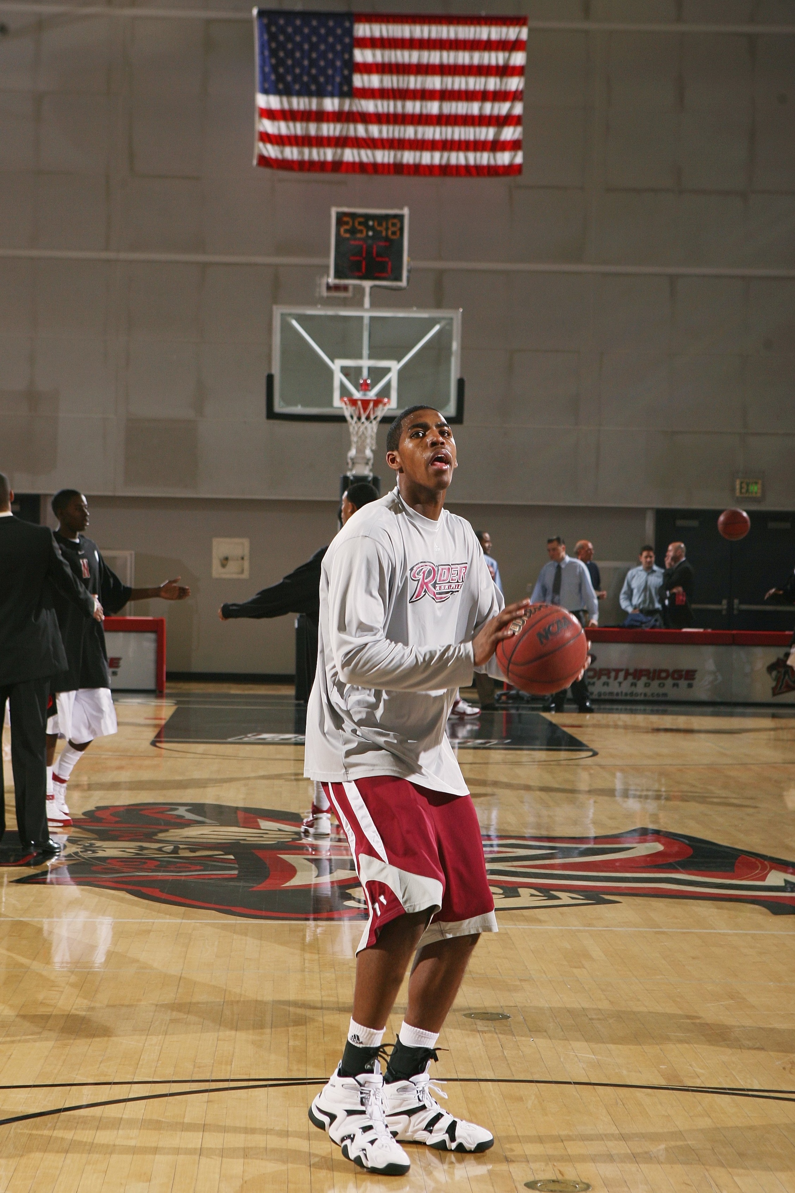 NORTHRIDGE, CA - FEBRUARY 23:  Jason Thompson #1 of the Rider Broncos shoots during warmups before the game against the Cal State Northridge Matadors on February 23, 2008 at the Matadome in Northridge, California.  Rider won 73-72.  (Photo by Jeff Golden/