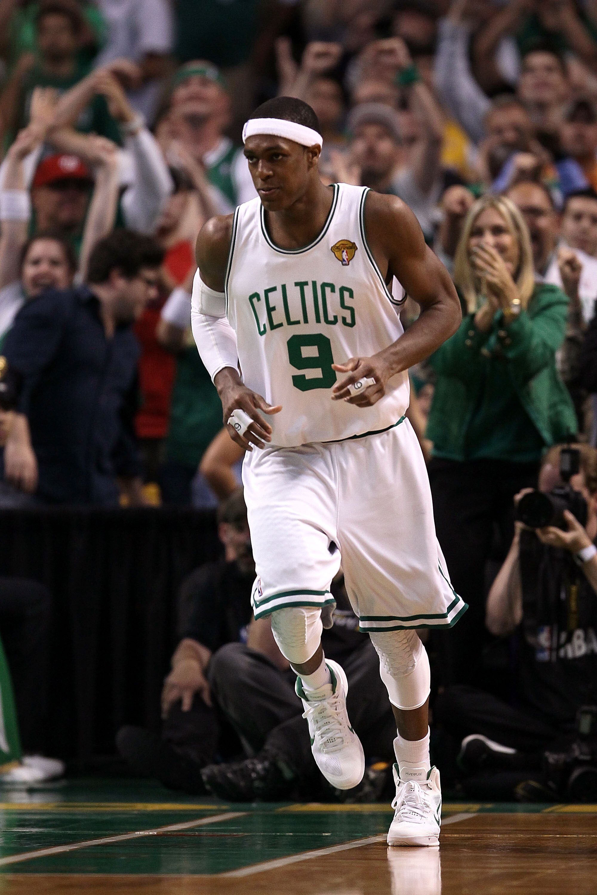 BOSTON - JUNE 13:  Rajon Rondo #9 of the Boston Celtics runs up the court against the Los Angeles Lakers during Game Five of the 2010 NBA Finals on June 13, 2010 at TD Garden in Boston, Massachusetts. NOTE TO USER: User expressly acknowledges and agrees t