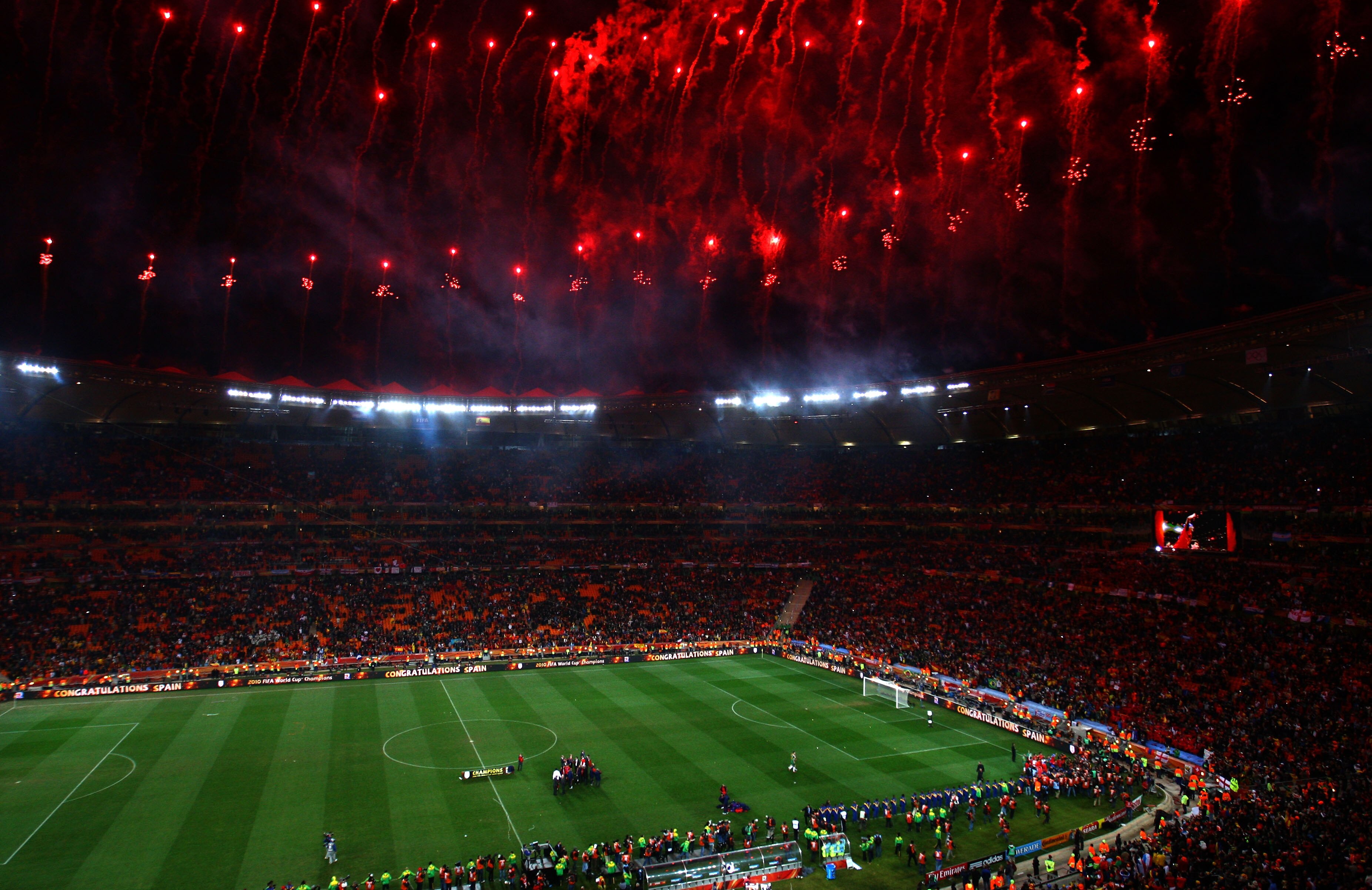 JOHANNESBURG, SOUTH AFRICA - JULY 11:  A general view of atmosphere as Spain win the World Cup during the 2010 FIFA World Cup South Africa Final match between Netherlands and Spain at Soccer City Stadium on July 11, 2010 in Johannesburg, South Africa.  (P