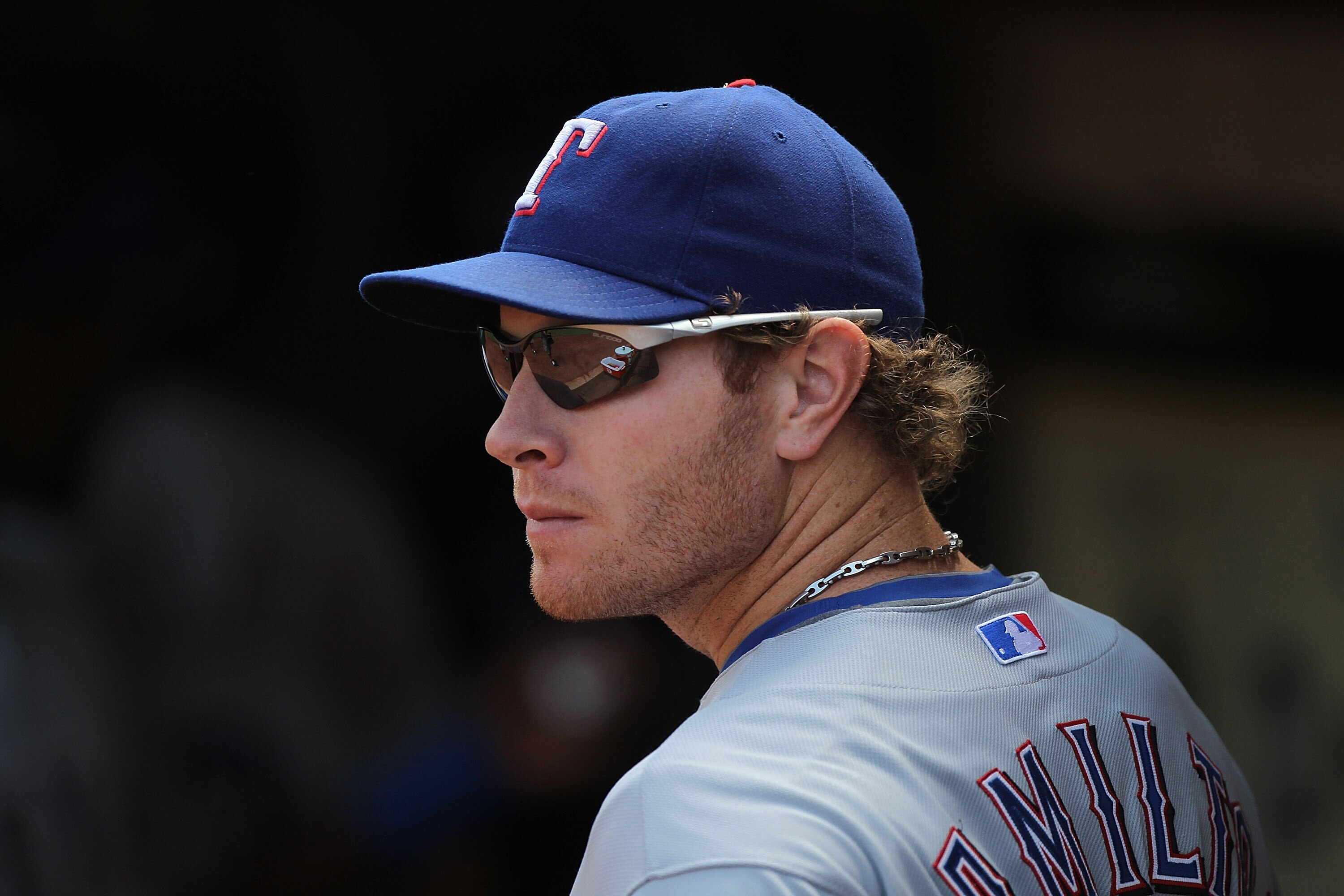 OAKLAND, CA - AUGUST 08:  Josh Hamilton #32 of the Texas Rangers looks on against the Oakland Athletics during an MLB game at the Oakland-Alameda County Coliseum on August 8, 2010 in Oakland, California.  (Photo by Jed Jacobsohn/Getty Images)
