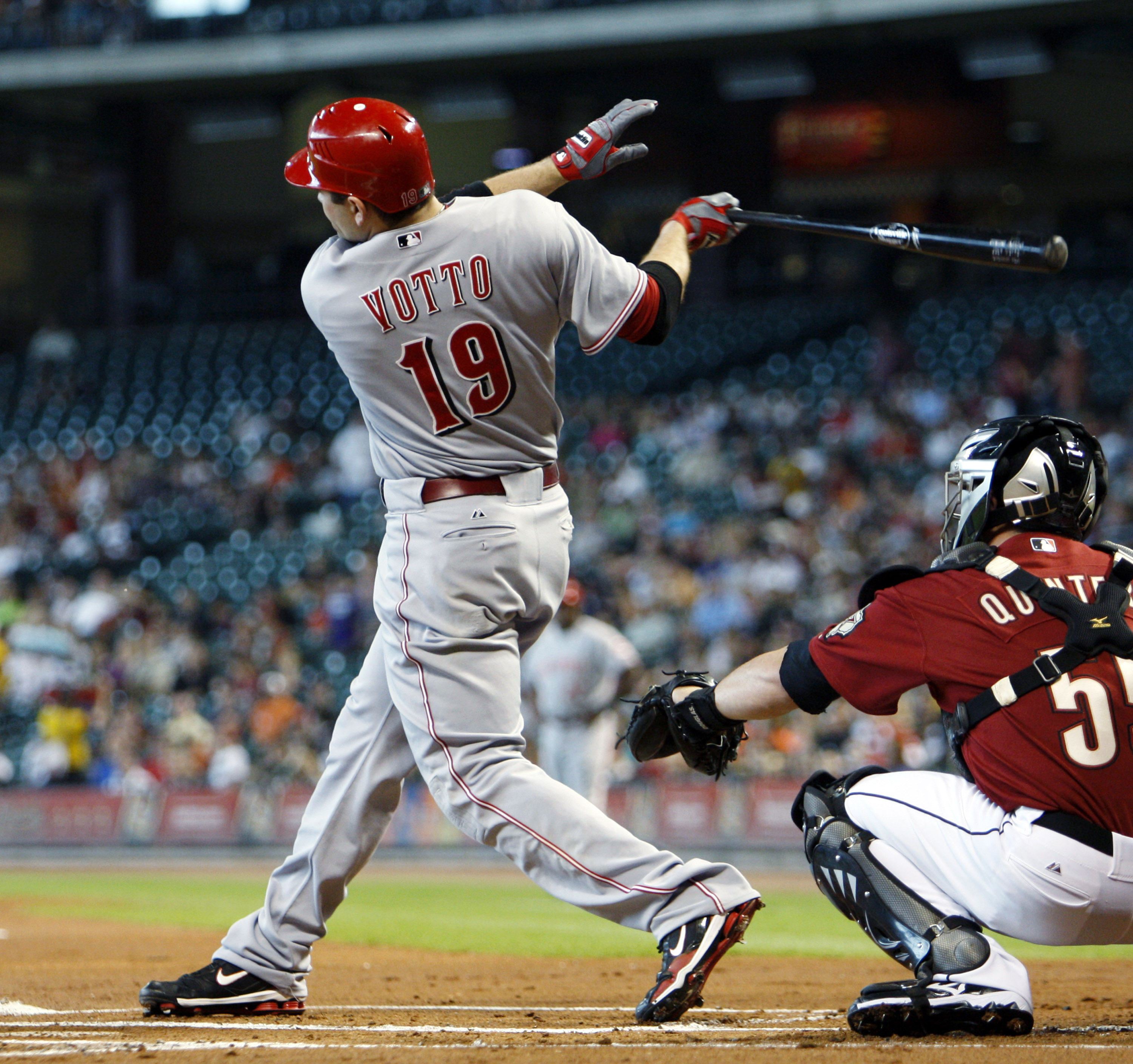HOUSTON - SEPTEMBER 19:  Joey Votto #19 of the Cincinnatti Reds doubles in the third inning against the Houston Astros at Minute Maid Park on September 19, 2010 in Houston, Texas.  (Photo by Bob Levey/Getty Images)