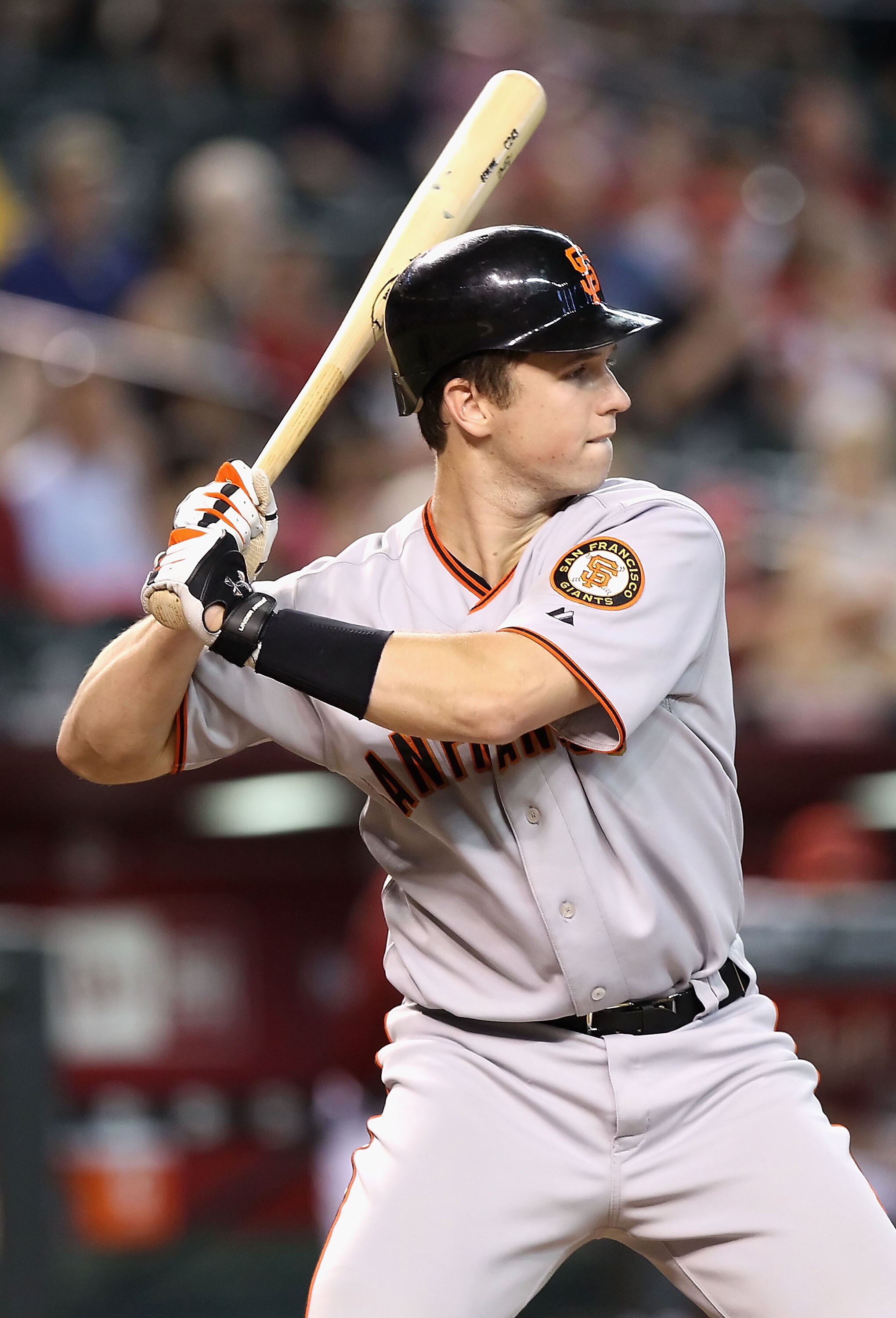 PHOENIX - SEPTEMBER 06:  Buster Posey #28 of the San Francisco Giants at bat during the Major League Baseball game against the Arizona Diamondbacks at Chase Field on September 6, 2010 in Phoenix, Arizona. The Giants defeated the Diamondbacks 2-0 in eleven