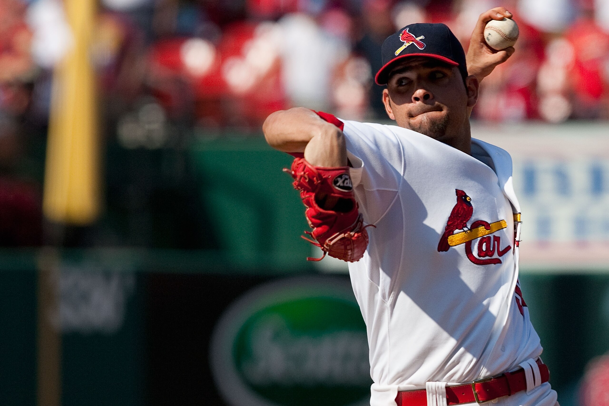 ST. LOUIS - AUGUST 22: Starter Jaime Garcia #54 of the St. Louis Cardinals pitches against the San Francisco Giants at Busch Stadium on August 22, 2010 in St. Louis, Missouri.  (Photo by Dilip Vishwanat/Getty Images)