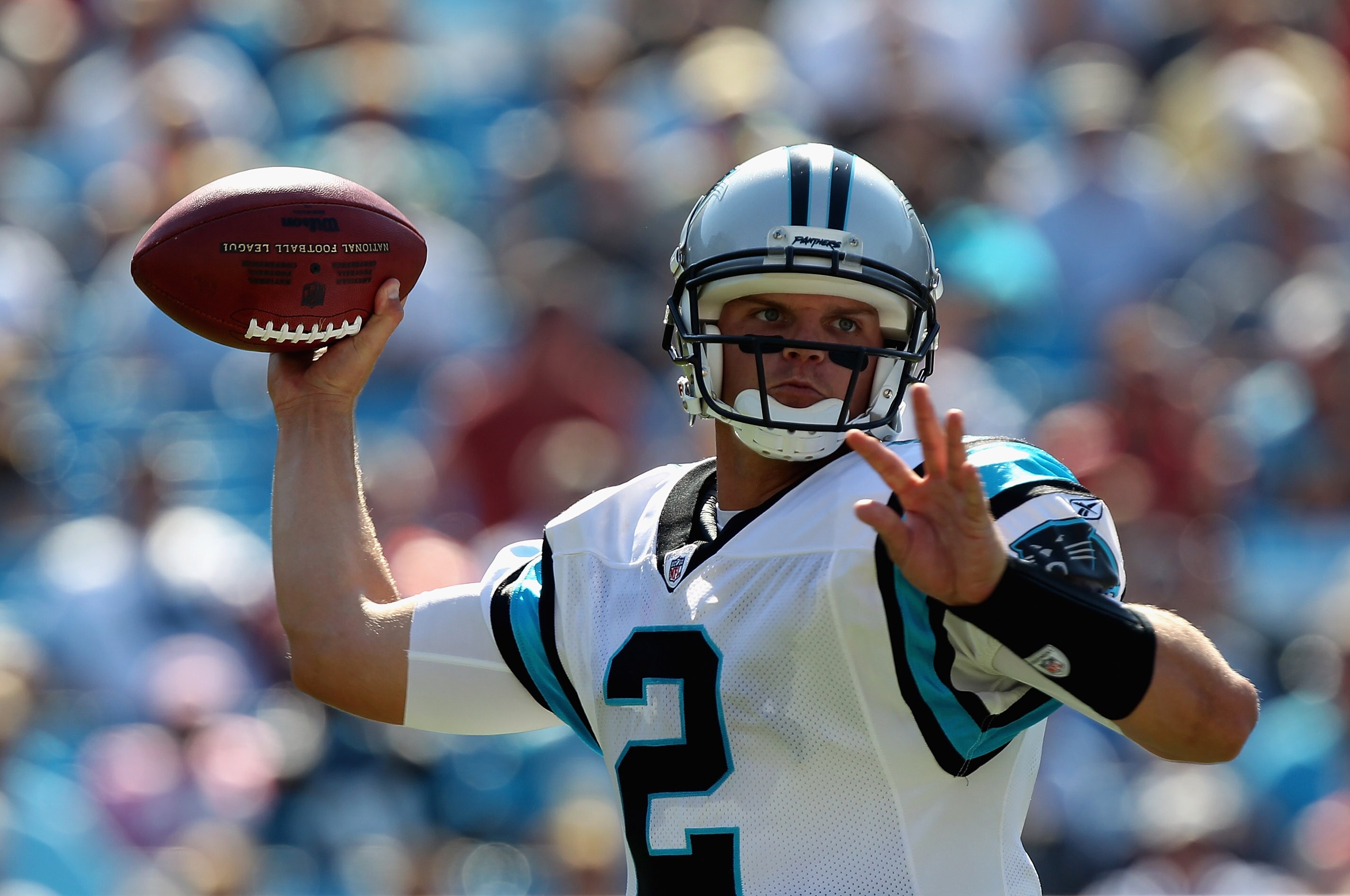 CHARLOTTE, NC - SEPTEMBER 19:  Jimmy Clausen #2 of the Carolina Panthers throws a pass against the Tampa Bay Buccaneers during their game at Bank of America Stadium on September 19, 2010 in Charlotte, North Carolina.  (Photo by Streeter Lecka/Getty Images
