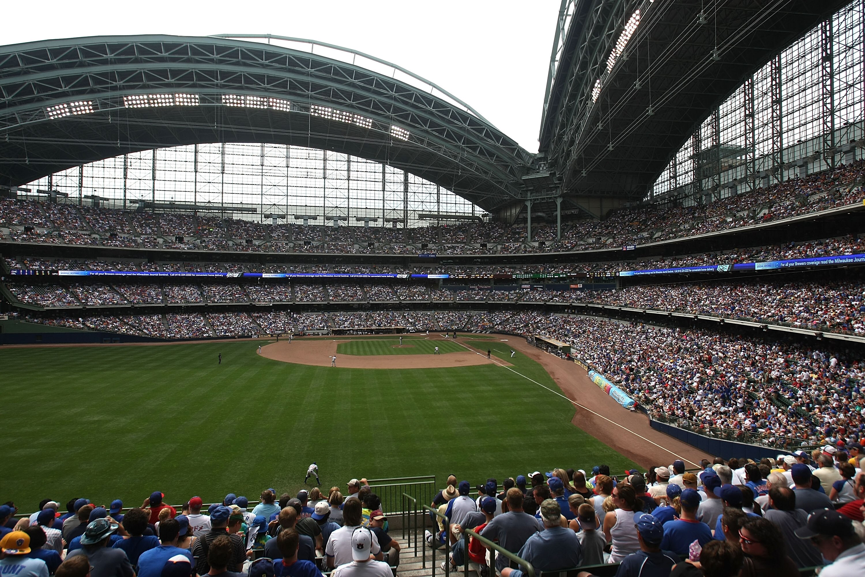 MILWAUKEE - JULY 31: A view from left field of Miller Park where the second largest crowd in the history of the ball park watches as the Milwaukee Brewers take on the Chicago Cubs on July 31, 2008 in Milwaukee, Wisconsin. (Photo by Jonathan Daniel/Getty I