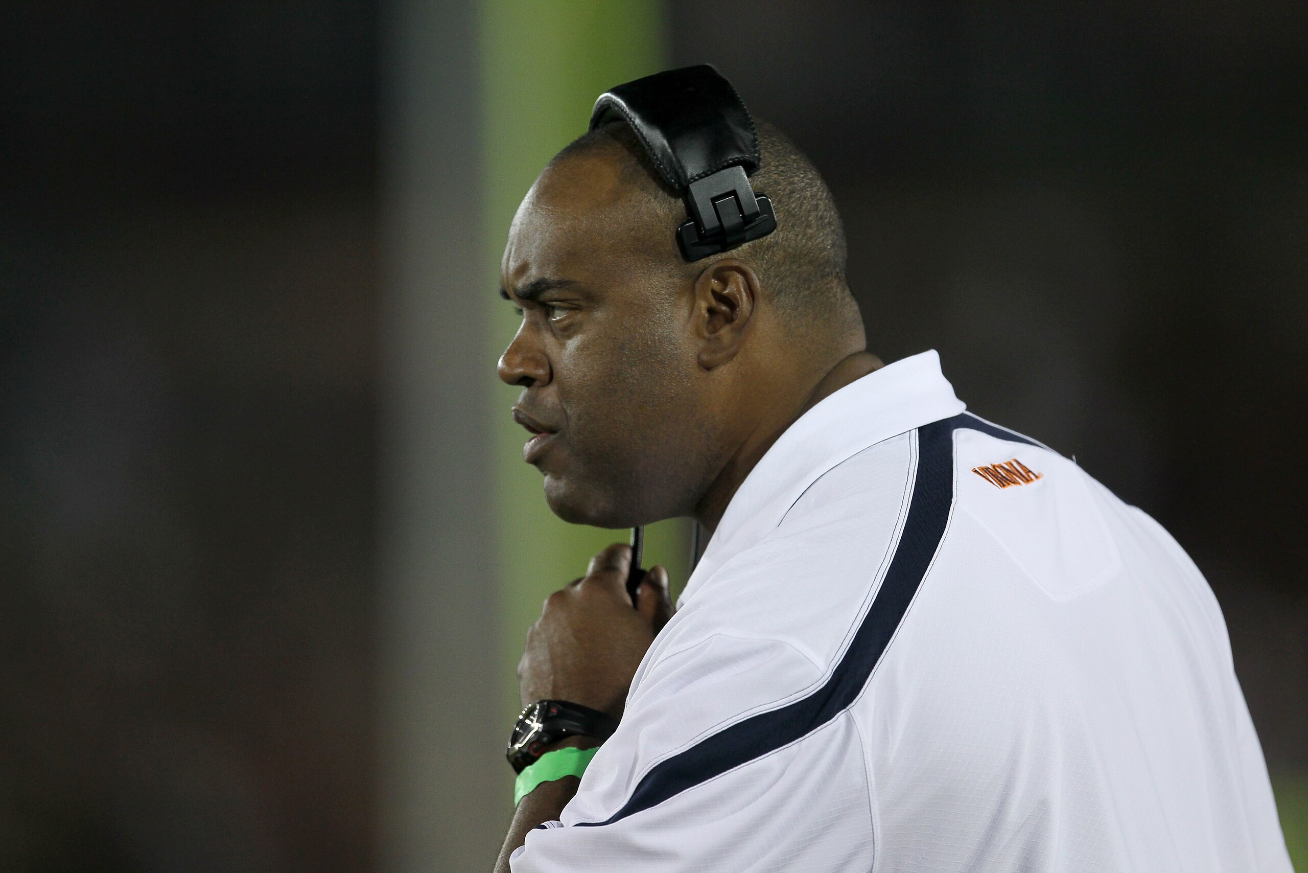 LOS ANGELES, CA - SEPTEMBER 11:  Head coach Mike London of the Virginia Cavaliers on the sidelines during the game against the USC Trojans at Los Angeles Memorial Coliseum on September 11, 2010 in Los Angeles, California. USC won 17-14.  (Photo by Stephen