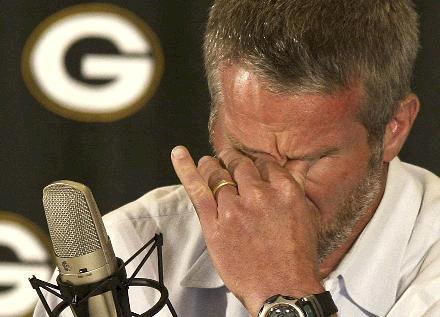 Favre crying as he says farewell for the first time