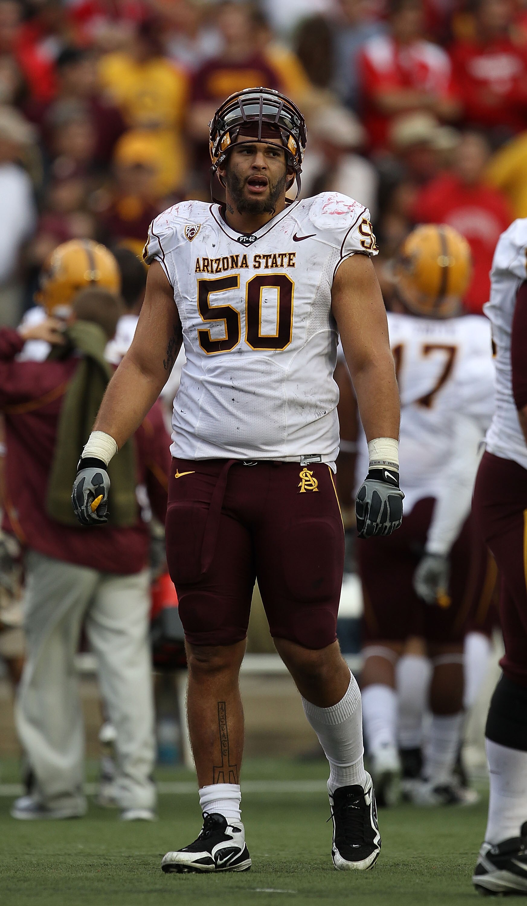 MADISON, WI - SEPTEMBER 18: Lawerence Guy #50 of the Arizona State Sun Devils waits during a time-out against the Wisconsin Badgers at Camp Randall Stadium on September 18, 2010 in Madison, Wisconsin. Wisconsin defeated Arizona State 20-19.  (Photo by Jon