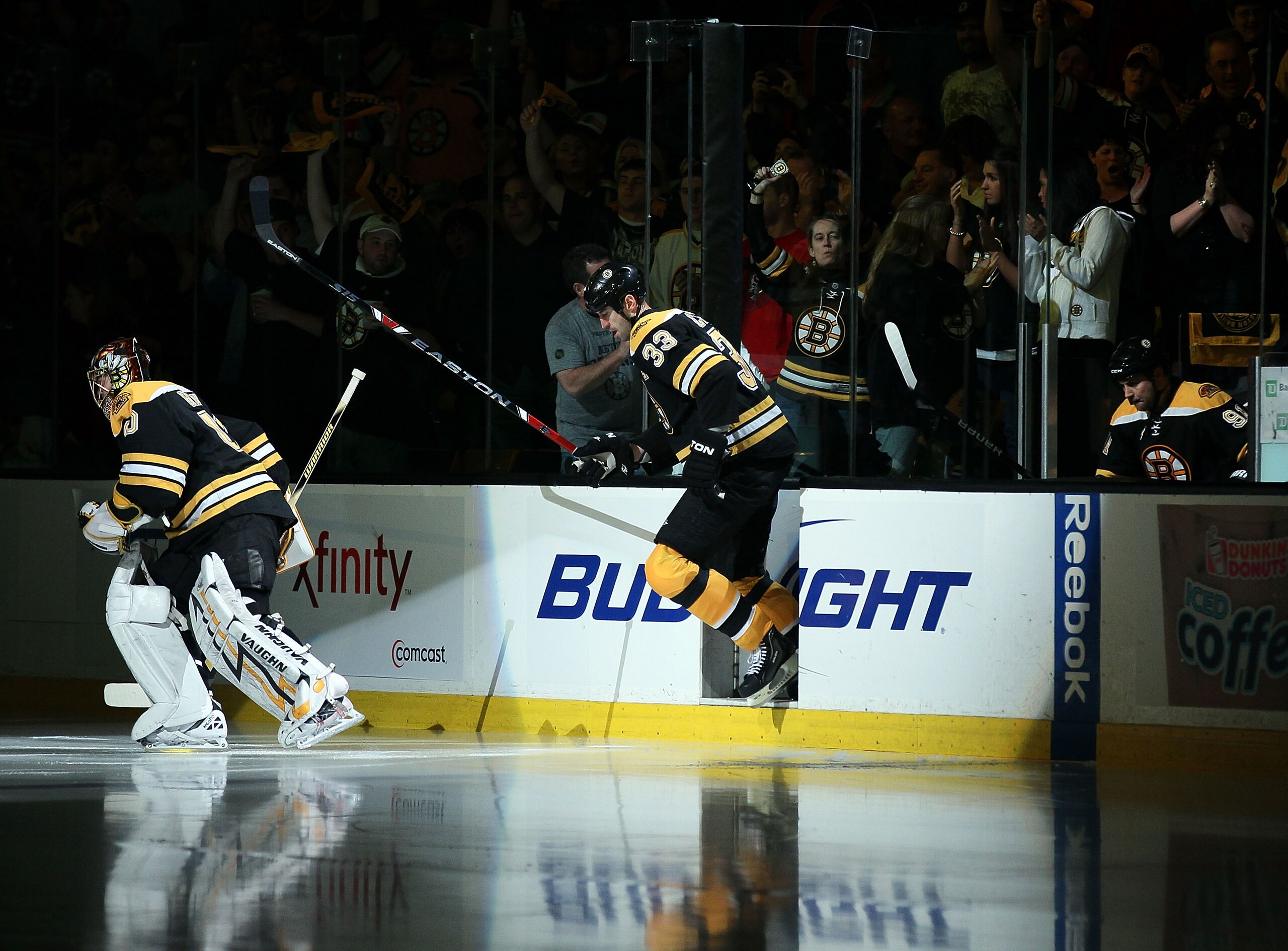 BOSTON - MAY 14:  Tuukka Rask #40 and Zdeno Chara #33 of the Boston Bruins step on the ice before the game against the Philadelphia Flyers in Game Seven of the Eastern Conference Semifinals during the 2010 NHL Stanley Cup Playoffs at TD Garden on May 14, 