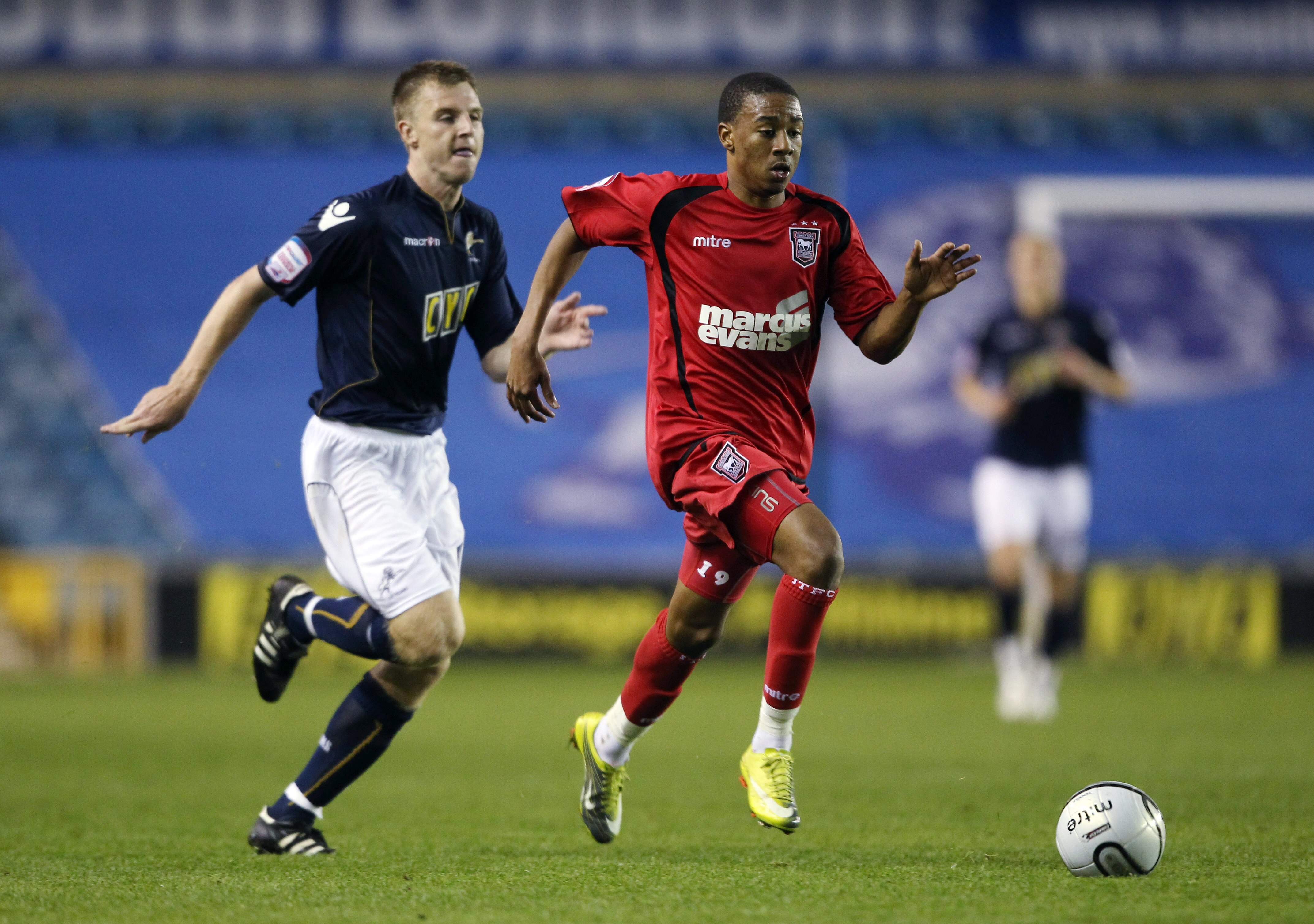 LONDON, ENGLAND - SEPTEMBER 21:  Troy Brown of Ipswich runs at the Millwall defence during the Carling Cup 3rd Round match between Millwall and Ipswich at the Den on September 21, 2010 in Ipswich, England.  (Photo by Tom Shaw/Getty Images)