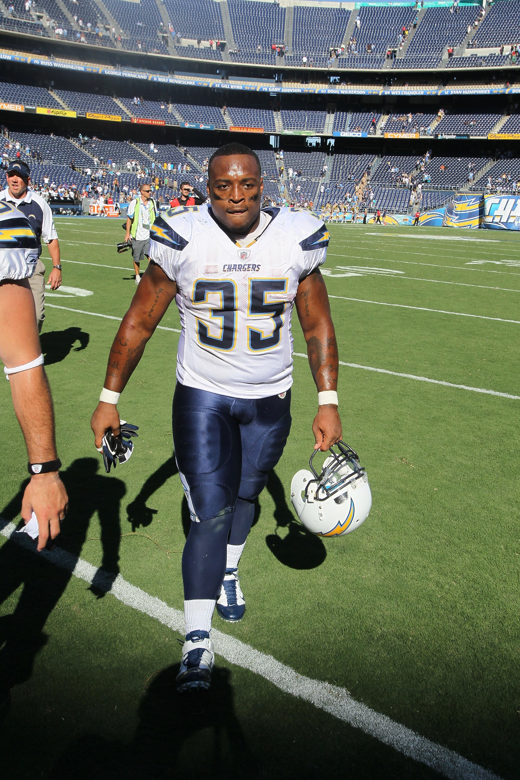 SAN DIEGO - SEPTEMBER 19:  Fullbacxk Mike Tolbert #35 of the San Diego Chargers walks off the field after the game with the Jacksonville Jaguars at Qualcomm Stadium on September 19, 2010 in San Diego, California.   The Chargers won 38-13.  (Photo by Steph