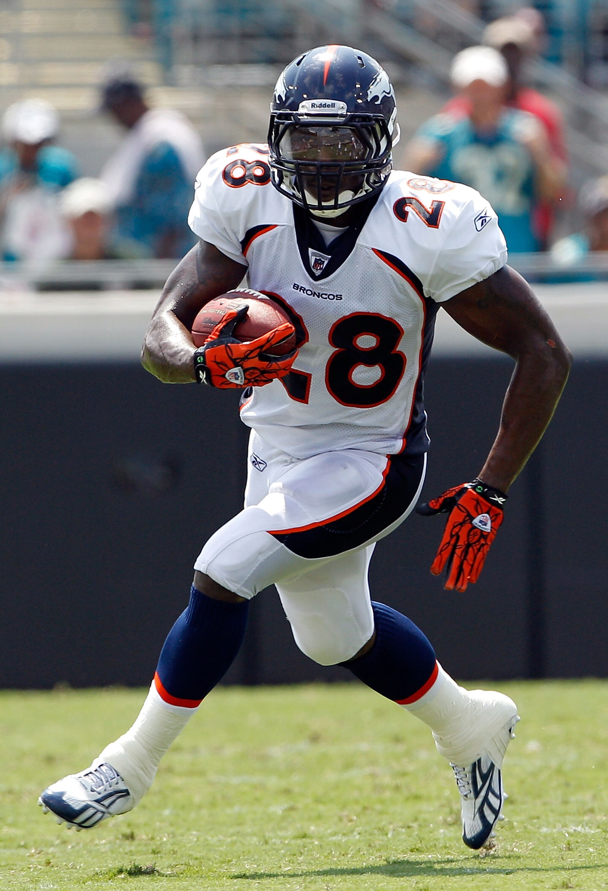 JACKSONVILLE, FL - SEPTEMBER 12:  Correll Buckhalter #28 of the Denver Broncos runs for yardage during the NFL season opener game against the Jacksonville Jaguars at EverBank Field on September 12, 2010 in Jacksonville, Florida.  (Photo by Sam Greenwood/G