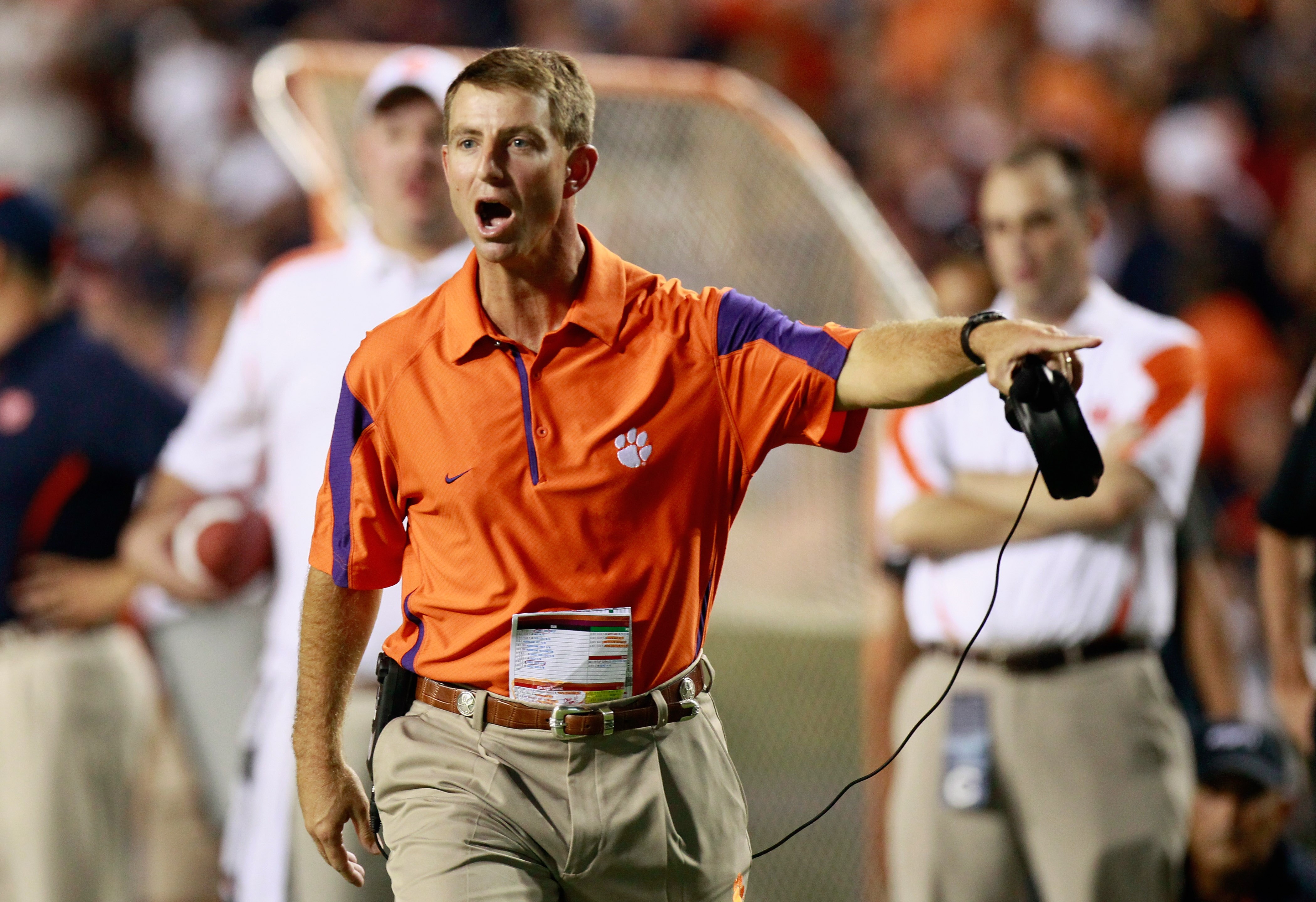 AUBURN, AL - SEPTEMBER 18:  Head coach Dabo Swinney of the Clemson Tigers questions a call during the game against the Auburn Tigers at Jordan-Hare Stadium on September 18, 2010 in Auburn, Alabama.  (Photo by Kevin C. Cox/Getty Images)
