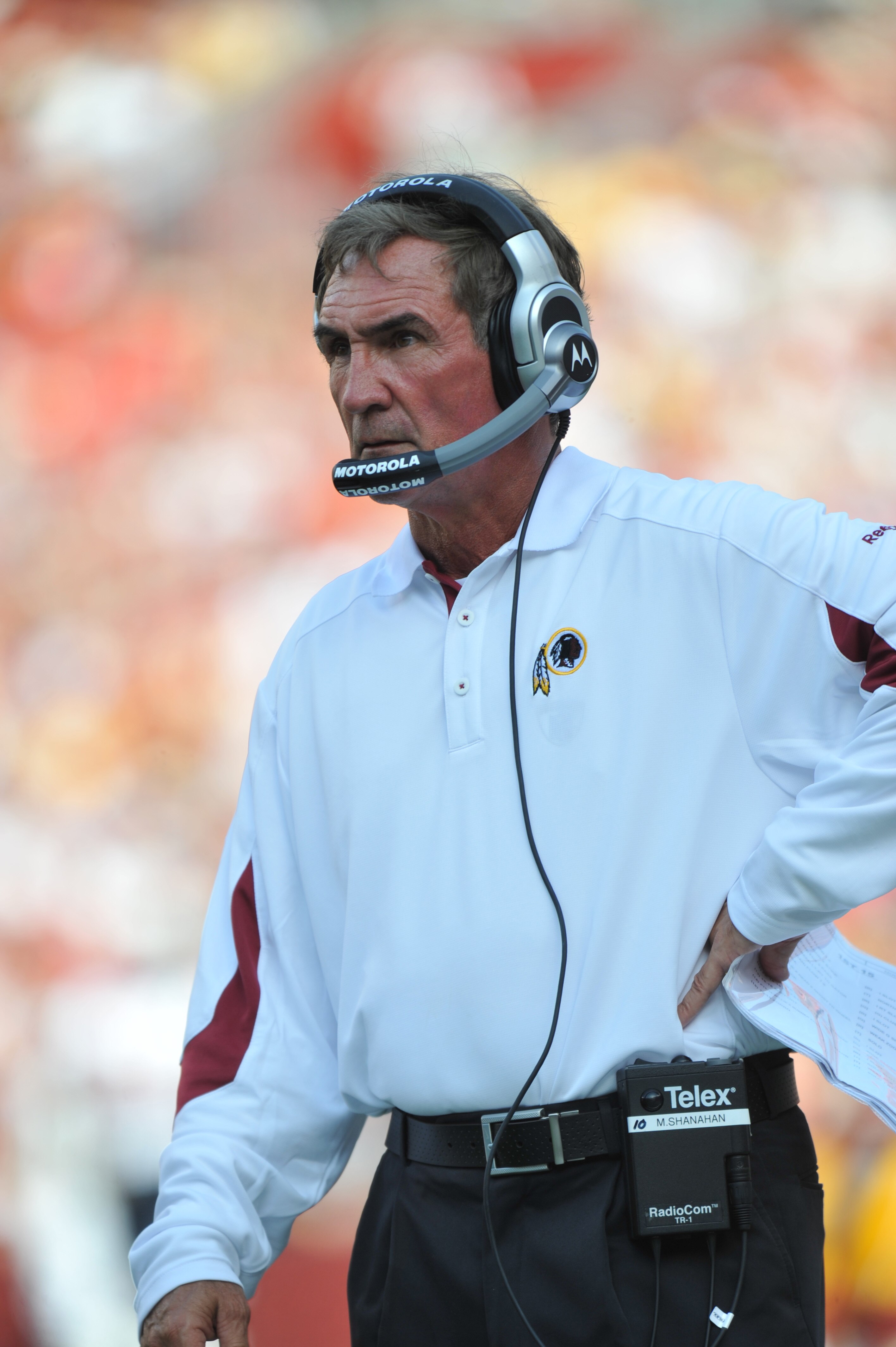LANDOVER, MD - SEPTEMBER 19:  Head coach Mike Shanahan of the Washington Redskins coaches against the Houston Texans at FedExField on September 19, 2010 in Landover, Maryland. The Texans defeated the Redskins in overtime 30-27. (Photo by Larry French/Gett