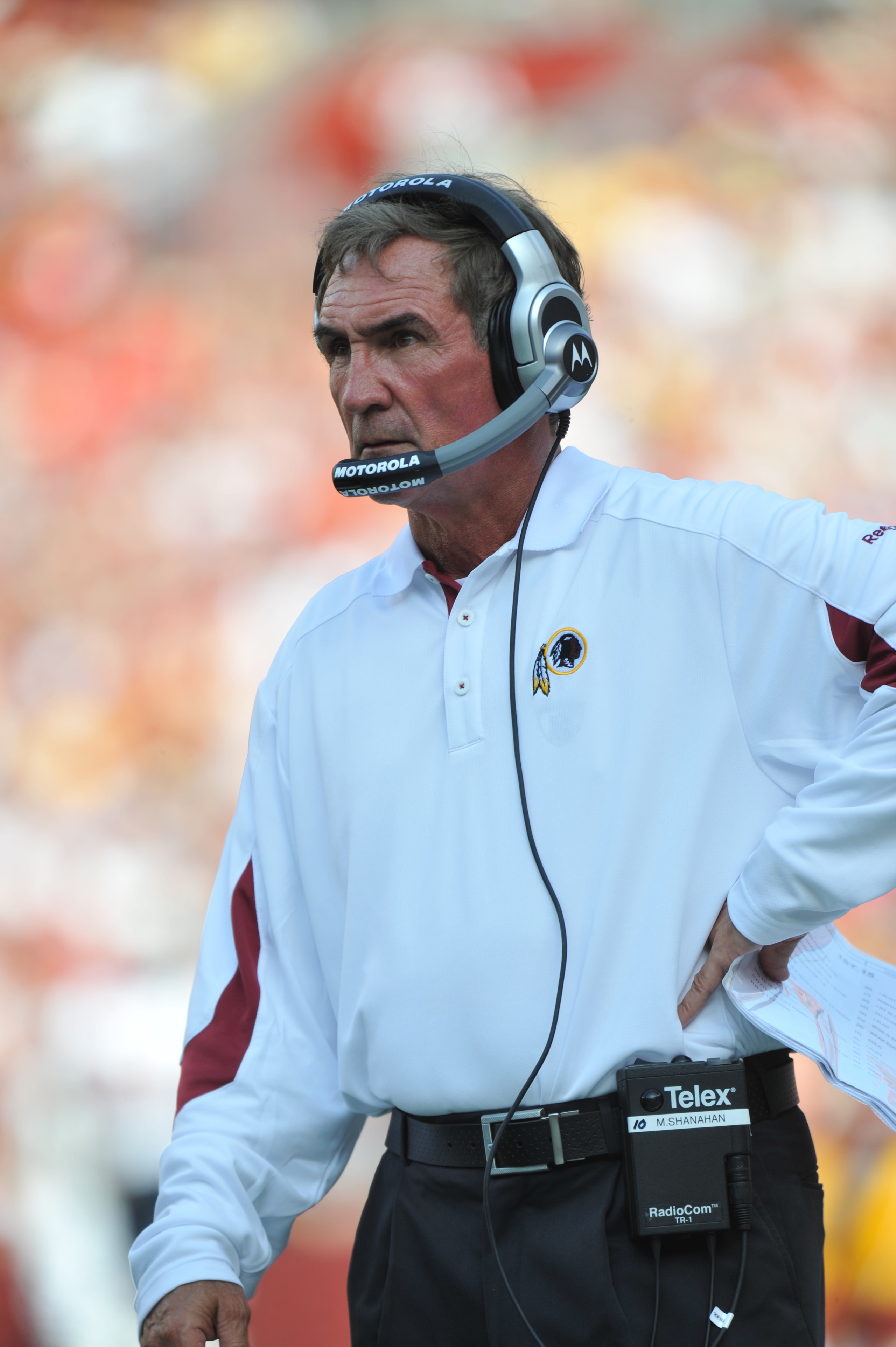 LANDOVER, MD - SEPTEMBER 19:  Head coach Mike Shanahan of the Washington Redskins coaches against the Houston Texans at FedExField on September 19, 2010 in Landover, Maryland. The Texans defeated the Redskins in overtime 30-27. (Photo by Larry French/Gett