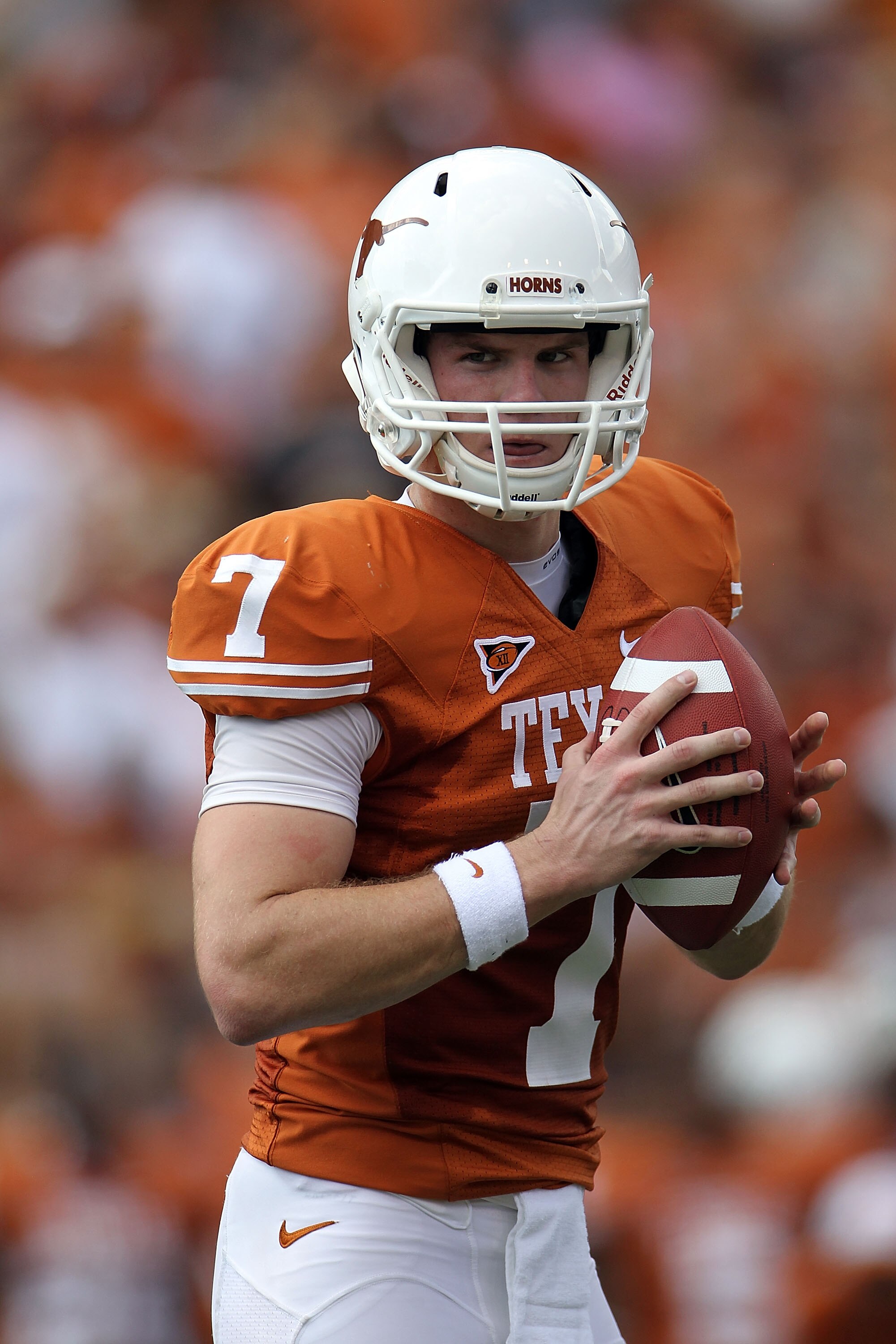 AUSTIN, TX - SEPTEMBER 25: Quarterback Garrett Gilbert #7 of the Texas Longhorns looks to pass against the UCLA Bruins at Darrell K Royal-Texas Memorial Stadium on September 25, 2010 in Austin, Texas. (Photo by Ronald Martinez/Getty Images) AUSTIN, TX - SEPTEMBER 25: Quarterback Garrett Gilbert #7 of the Texas Longhorns looks to pass against the UCLA Bruins at Darrell K Royal-Texas Memorial Stadium on September 25, 2010 in Austin, Texas. (Photo by Ronald Martinez/Getty Images)