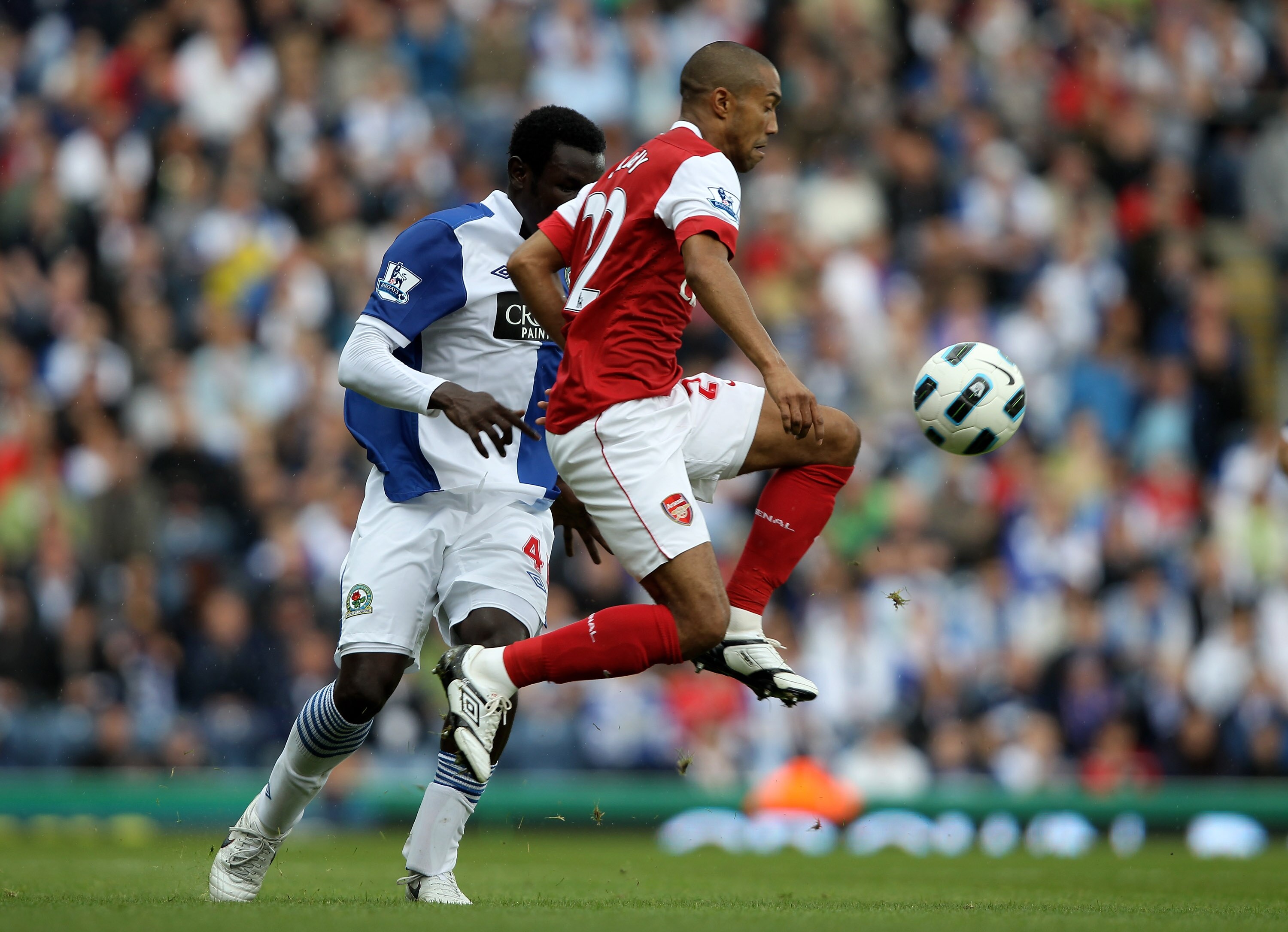 BLACKBURN, ENGLAND - AUGUST 28:  Gael Clichy of Arsenal wins the ball during the Barclays Premier League match between Blackburn Rovers and Arsenal at Ewood Park on August 28, 2010 in Blackburn, England. (Photo by Clive Brunskill/Getty Images)