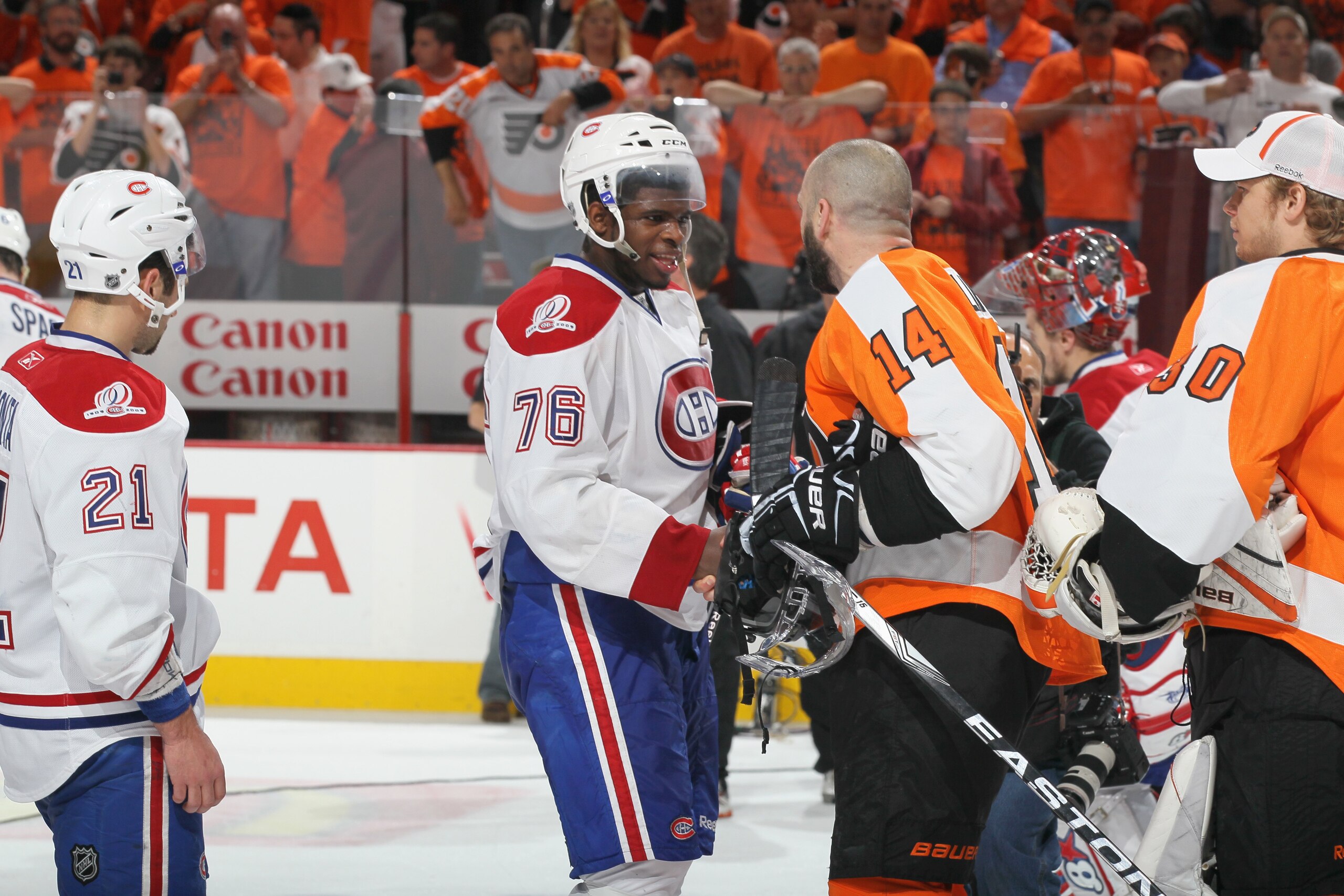 PHILADELPHIA - MAY 24:  PK Subban #76 of the Montreal Canadiens congratulates Ian Laperriere #14 of the Philadelphia Flyers after Game 5 of the Eastern Conference Finals during the 2010 NHL Stanley Cup Playoffs at Wachovia Center on May 24, 2010 in Philad