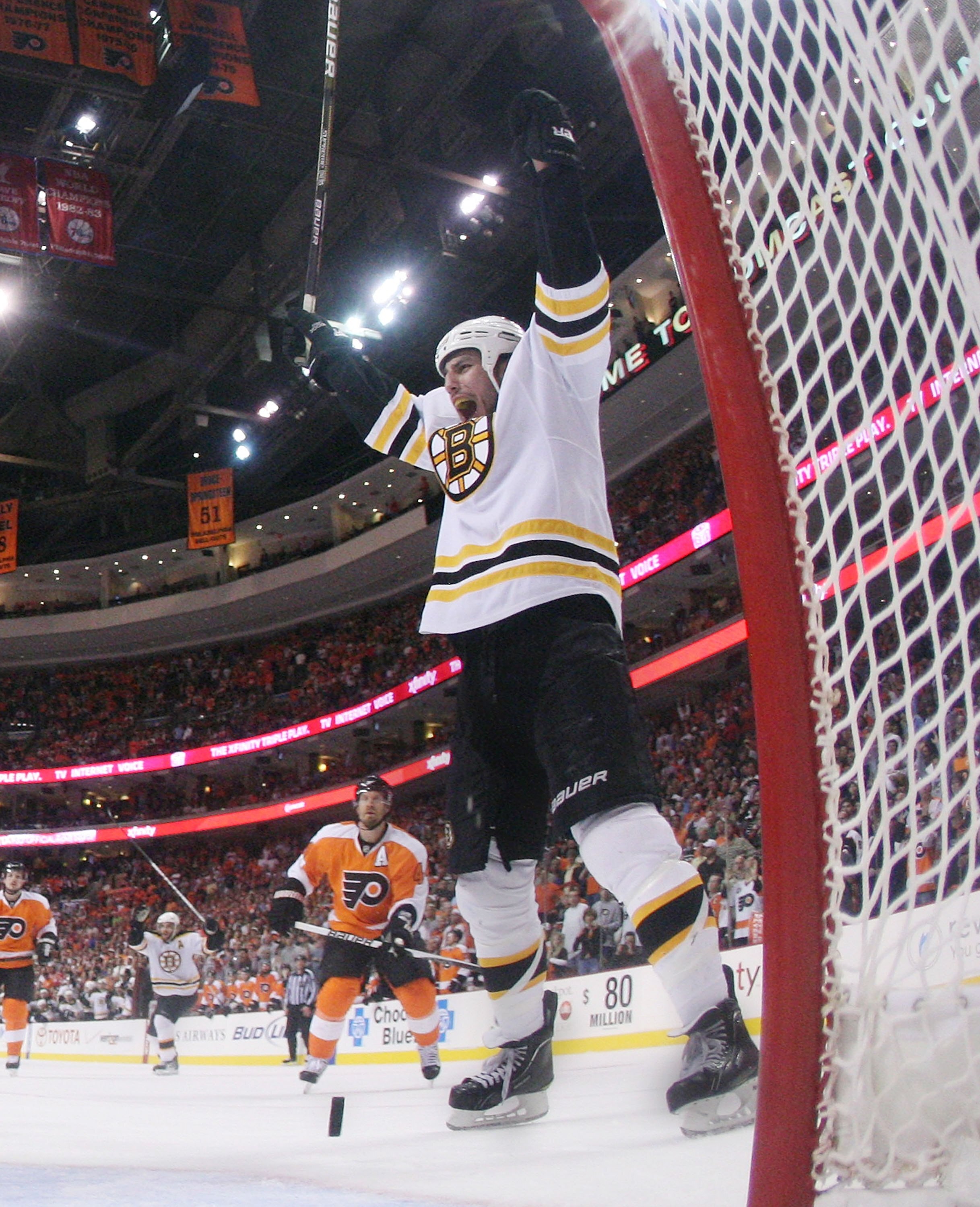 PHILADELPHIA - MAY 07: Milan Lucic #17 of the Boston Bruins celebrates a goal against the Philadelphia Flyers in Game Four of the Eastern Conference Semifinals during the 2010 NHL Stanley Cup Finals at the Wachovia Center on May 7, 2010 in Philadelphia, P