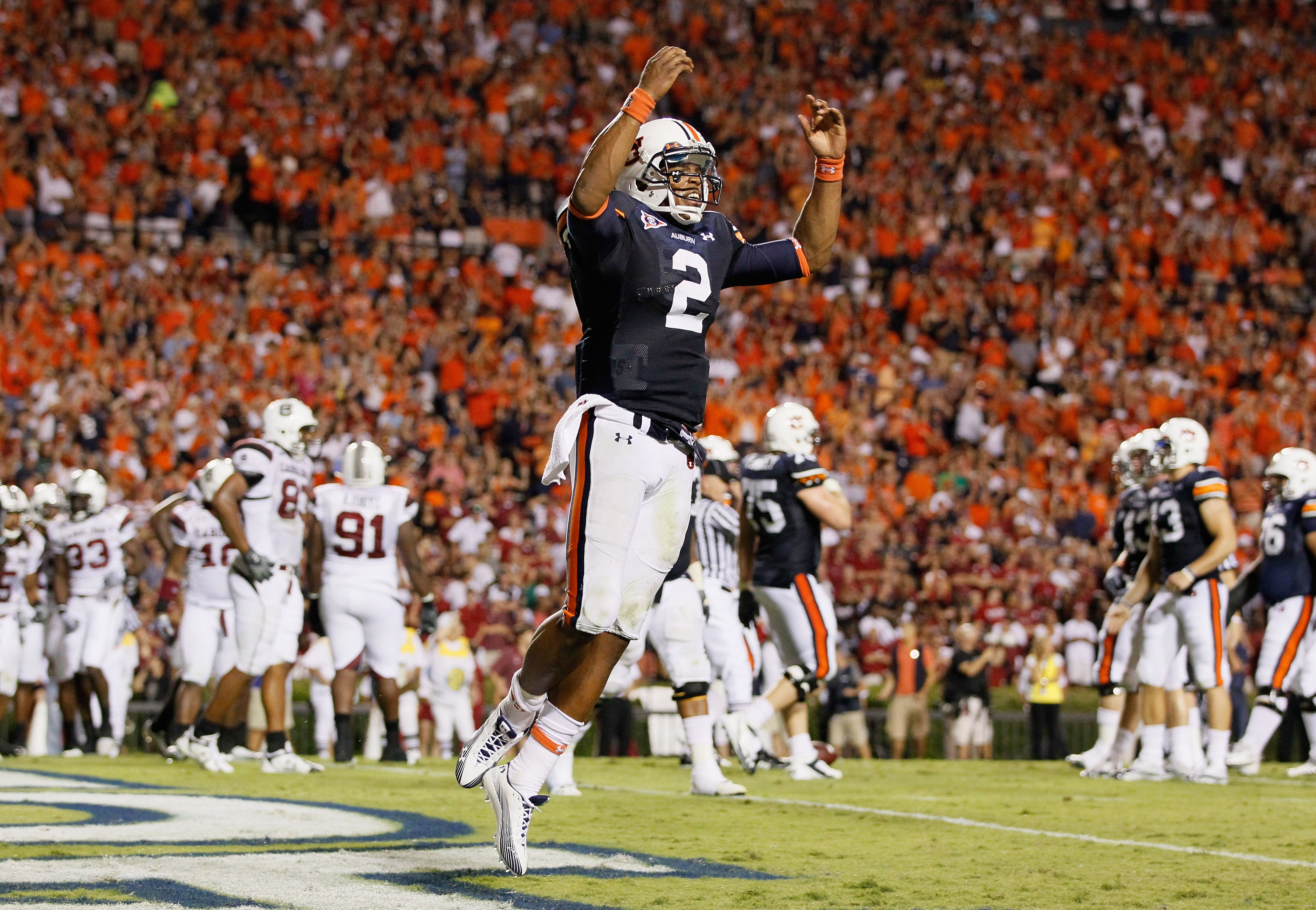 AUBURN, AL - SEPTEMBER 25:  Quarterback Cameron Newton #2 of the Auburn Tigers reacts after rushing in a touchdown against the South Carolina Gamecocks at Jordan-Hare Stadium on September 25, 2010 in Auburn, Alabama.  (Photo by Kevin C. Cox/Getty Images)