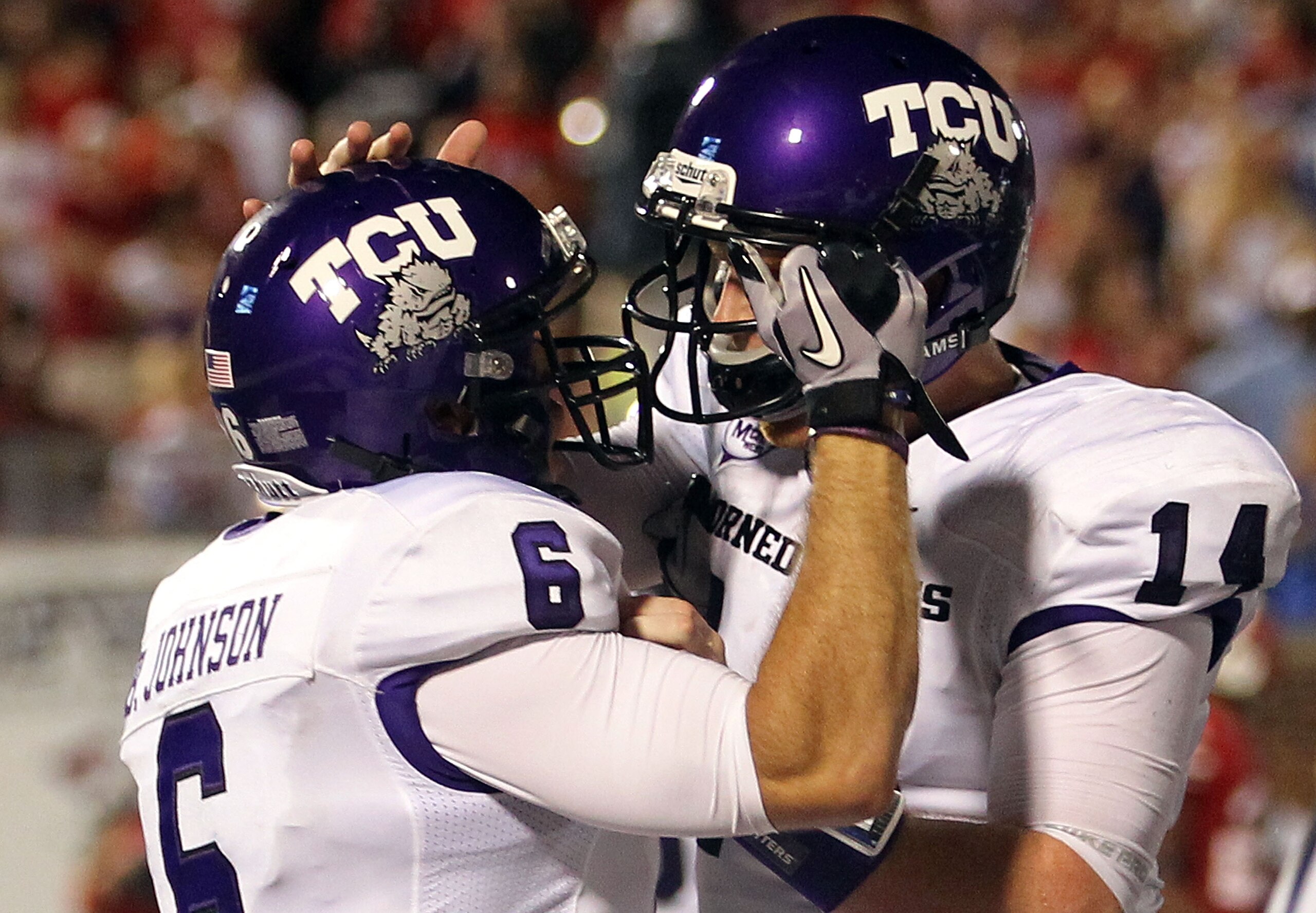 DALLAS - SEPTEMBER 24: Wide receiver Bart Johnson #6 of the TCU Horned Frogs celebrates a touchdown with Andy Dalton #14 in the third quarter against the SMU Mustangs at Gerald J. Ford Stadium on September 24, 2010 in Dallas, Texas. (Photo by Ronald Mar DALLAS - SEPTEMBER 24: Wide receiver Bart Johnson #6 of the TCU Horned Frogs celebrates a touchdown with Andy Dalton #14 in the third quarter against the SMU Mustangs at Gerald J. Ford Stadium on September 24, 2010 in Dallas, Texas. (Photo by Ronald Mar