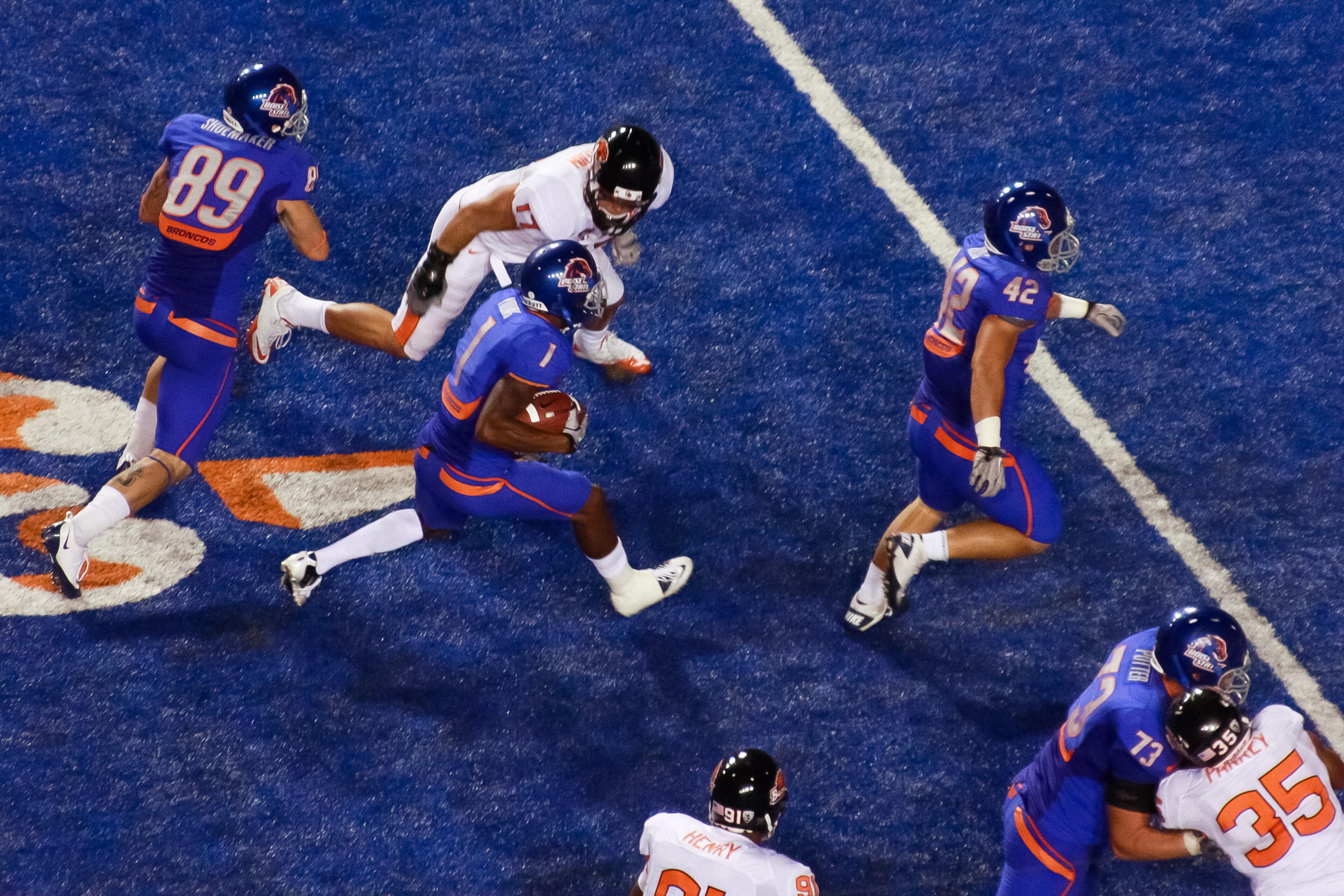 BOISE, ID - SEPTEMBER 25: Wide receiver Titus Young #1 of the Boise State Broncos runs the ball against the Oregon State Beavers at Bronco Stadium on September 25, 2010 in Boise, Idaho. (Photo by Otto Kitsinger III/Getty Images) BOISE, ID - SEPTEMBER 25: Wide receiver Titus Young #1 of the Boise State Broncos runs the ball against the Oregon State Beavers at Bronco Stadium on September 25, 2010 in Boise, Idaho. (Photo by Otto Kitsinger III/Getty Images)